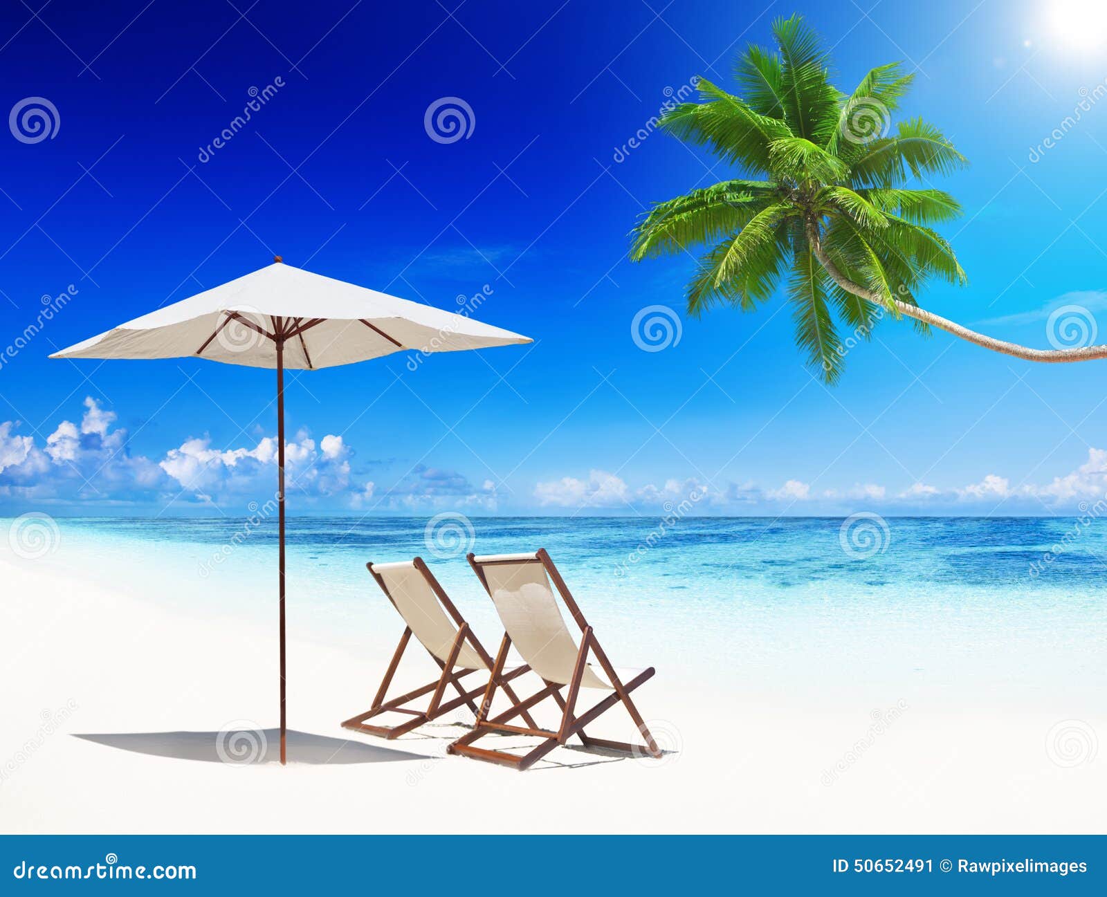 Deckchairs and Parasol on an Idyllic Tropical Beach Picture Art Framed Print 