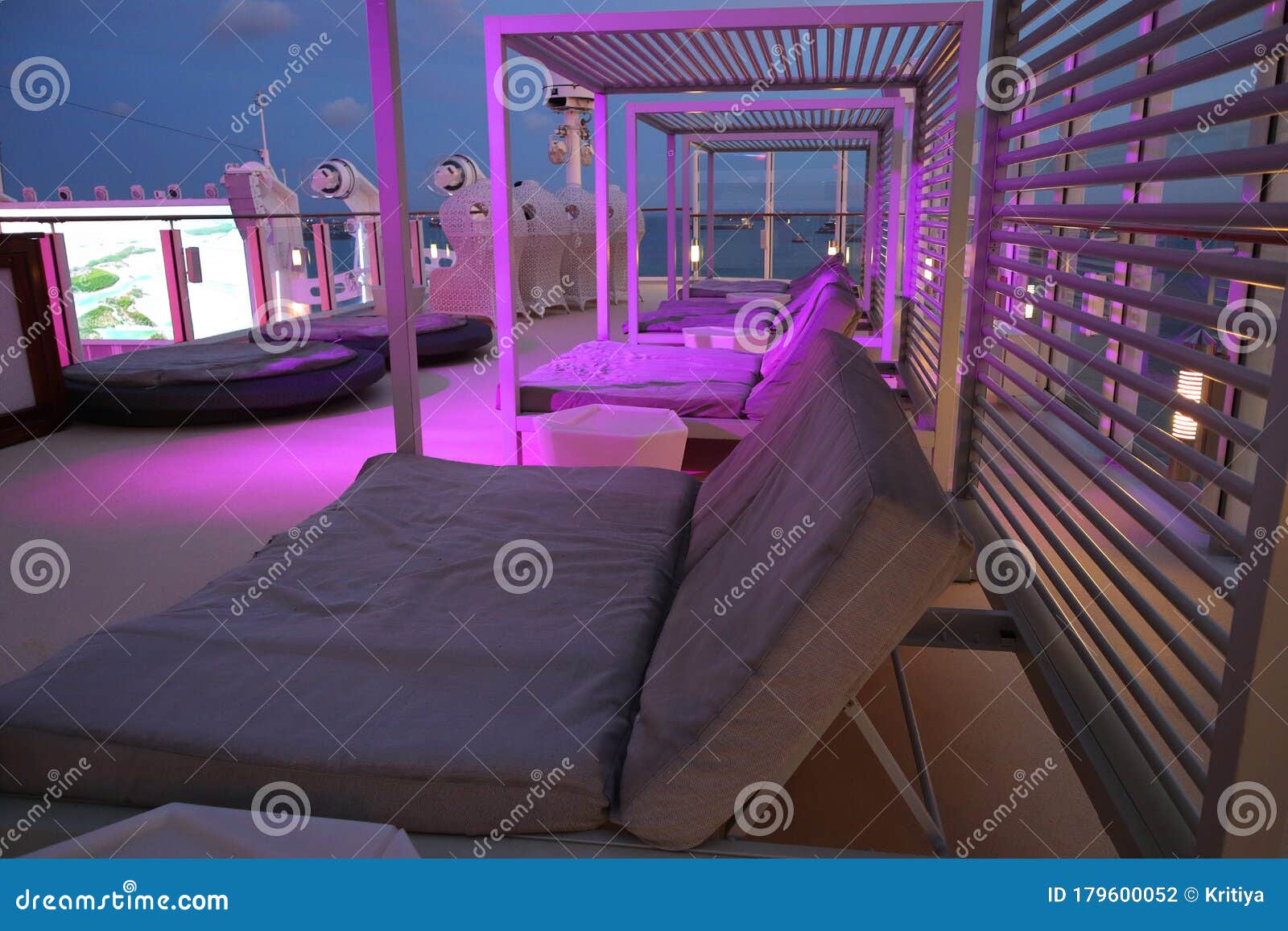 deckchairs cruise ship relax for cruise guest relaxing in the sunset, maritime theme.