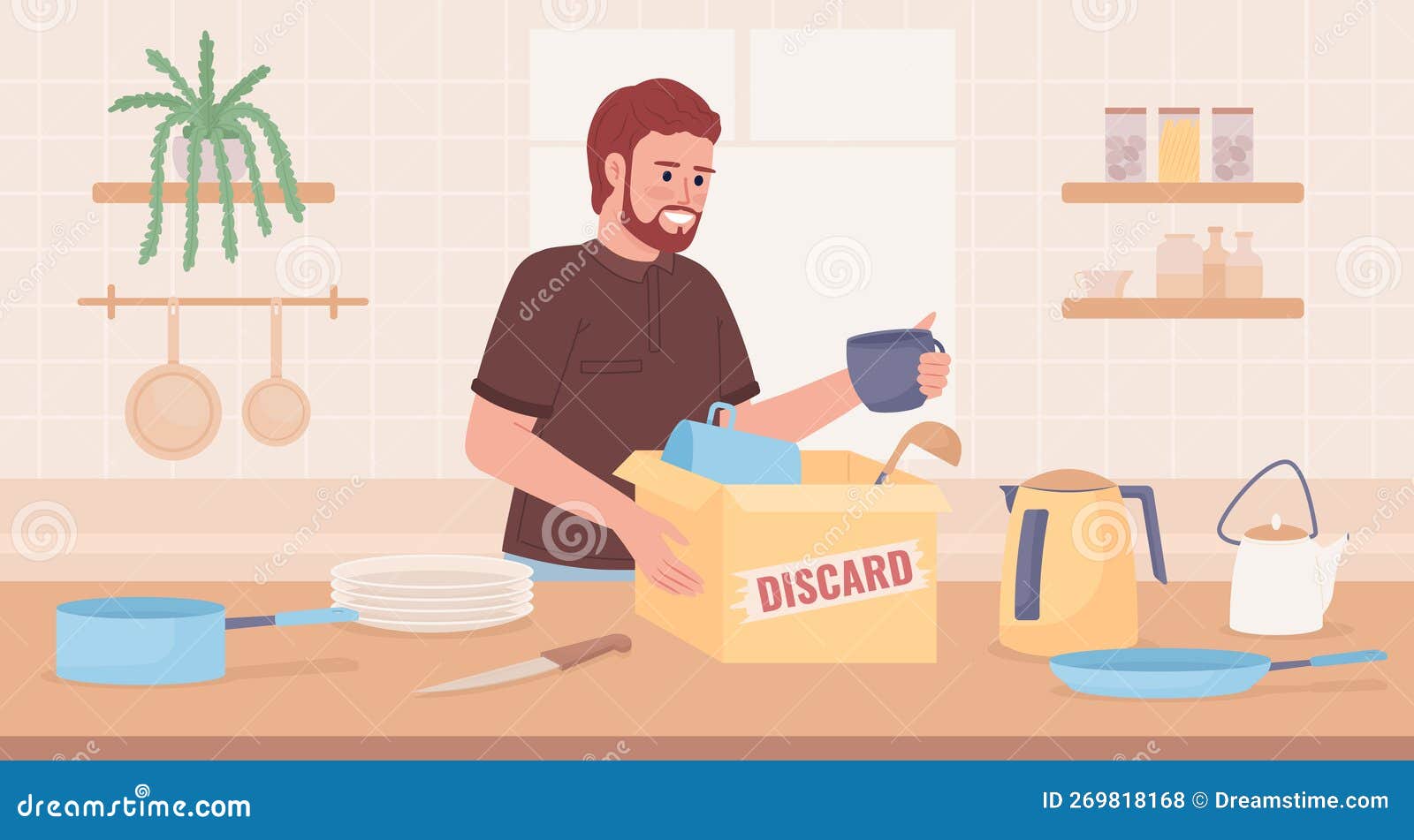 Decluttering Kitchen Countertop and Drawers Flat Color Vector