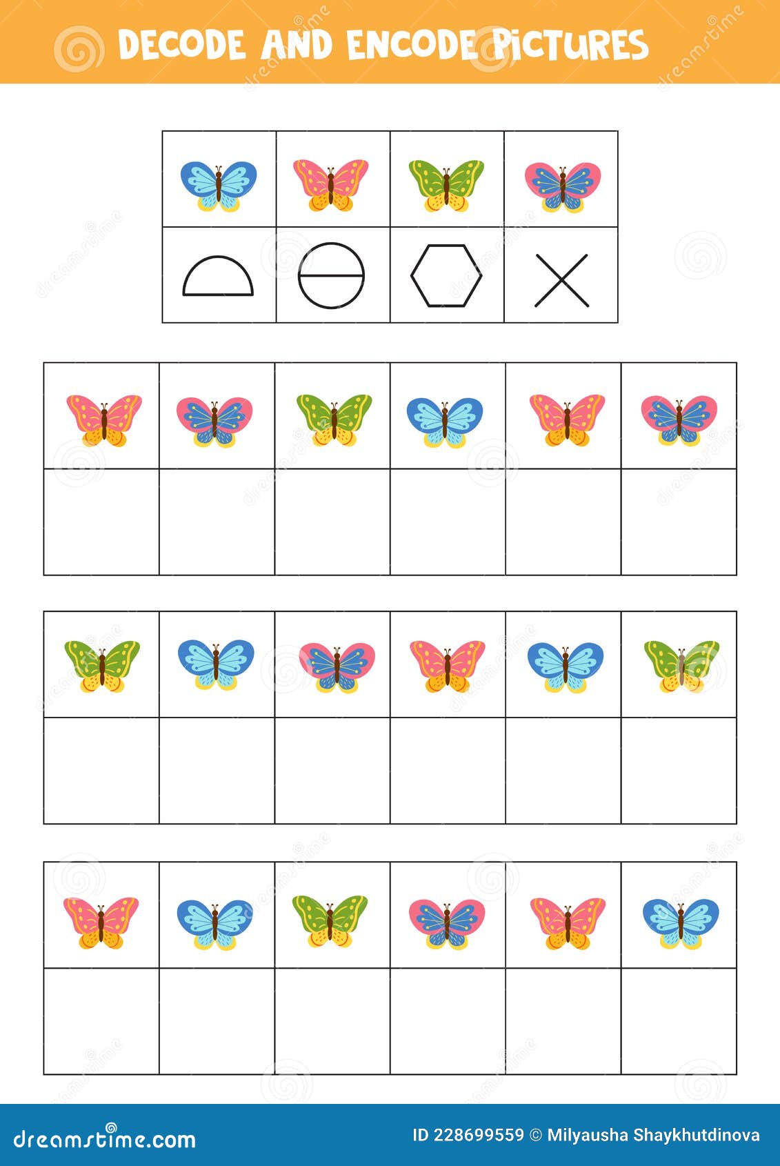decode and encode pictures. write the s under colorful butterflies.