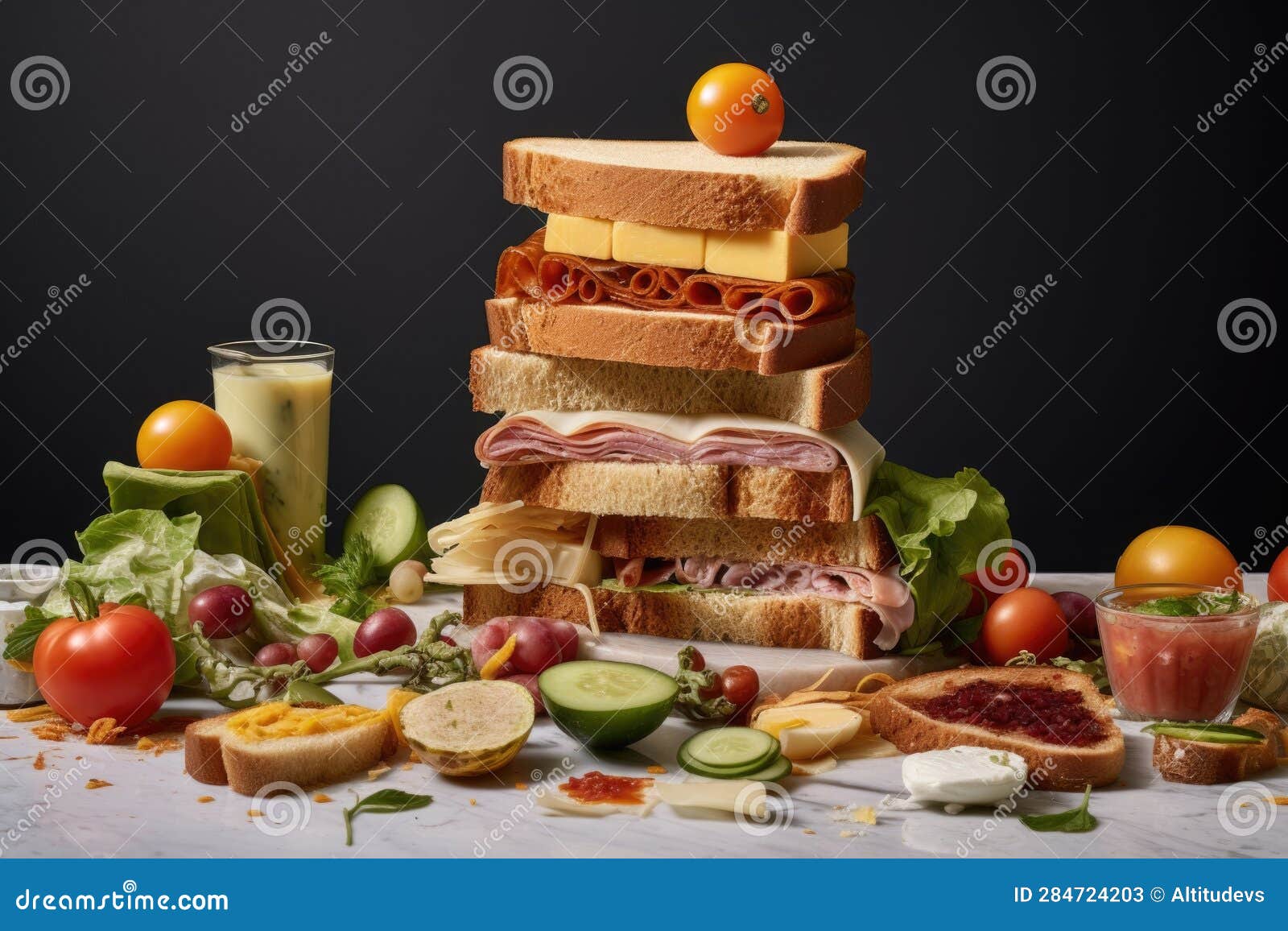 Deconstructed Sandwich with Ingredients Around Stock Image Image of
