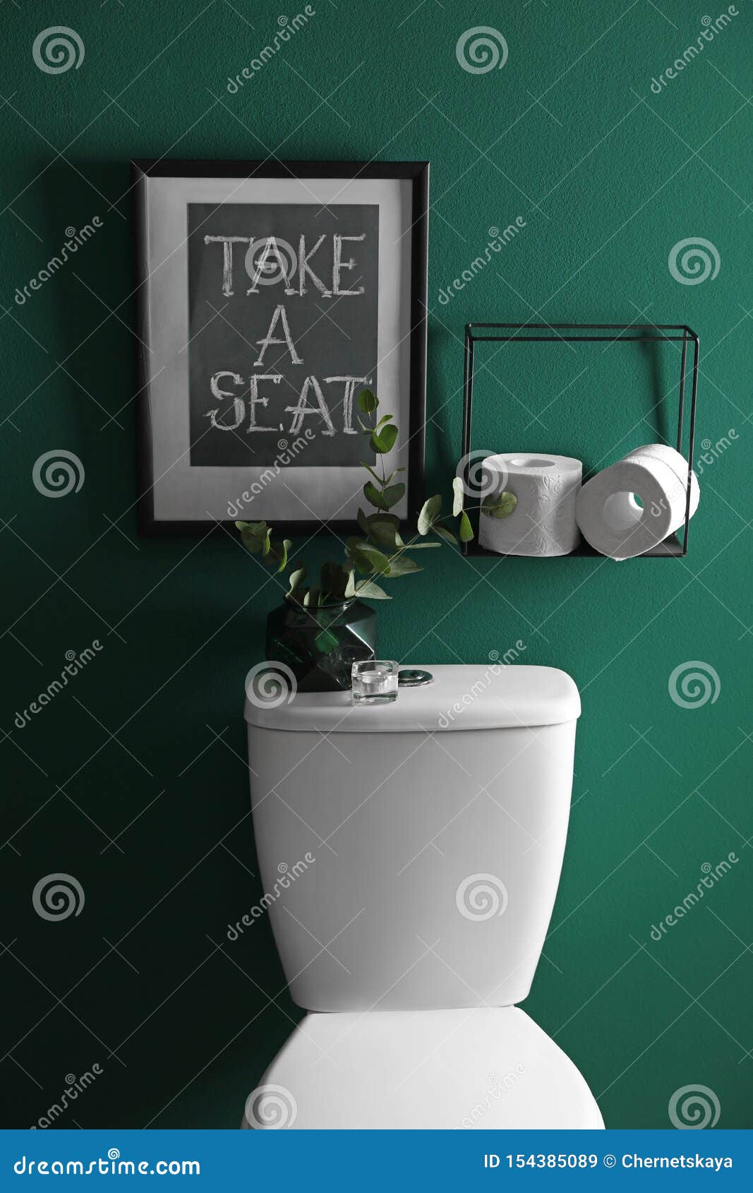 decor elements, paper rolls and toilet bowl near green
