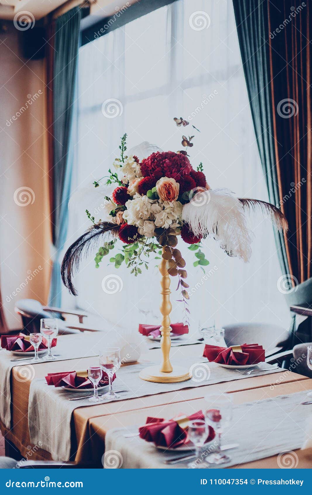 Decor of a Wedding Restaurant in Maroon Color with Flowers Stock Photo -  Image of decorative, bridal: 110047354