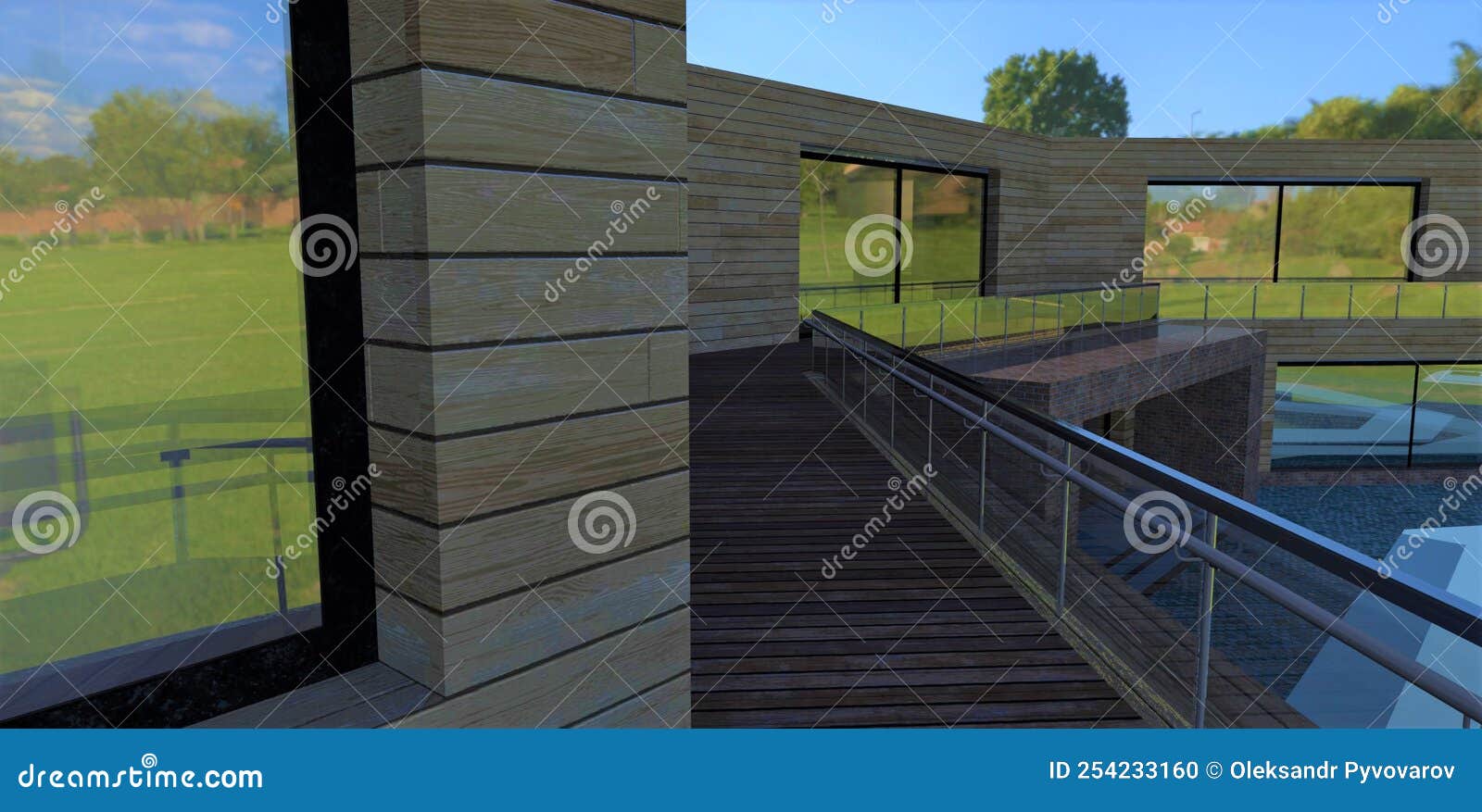 Renderização em 3d de uma casa moderna com fachada escura. casa com janelas  panorâmicas e terraço. tijolo