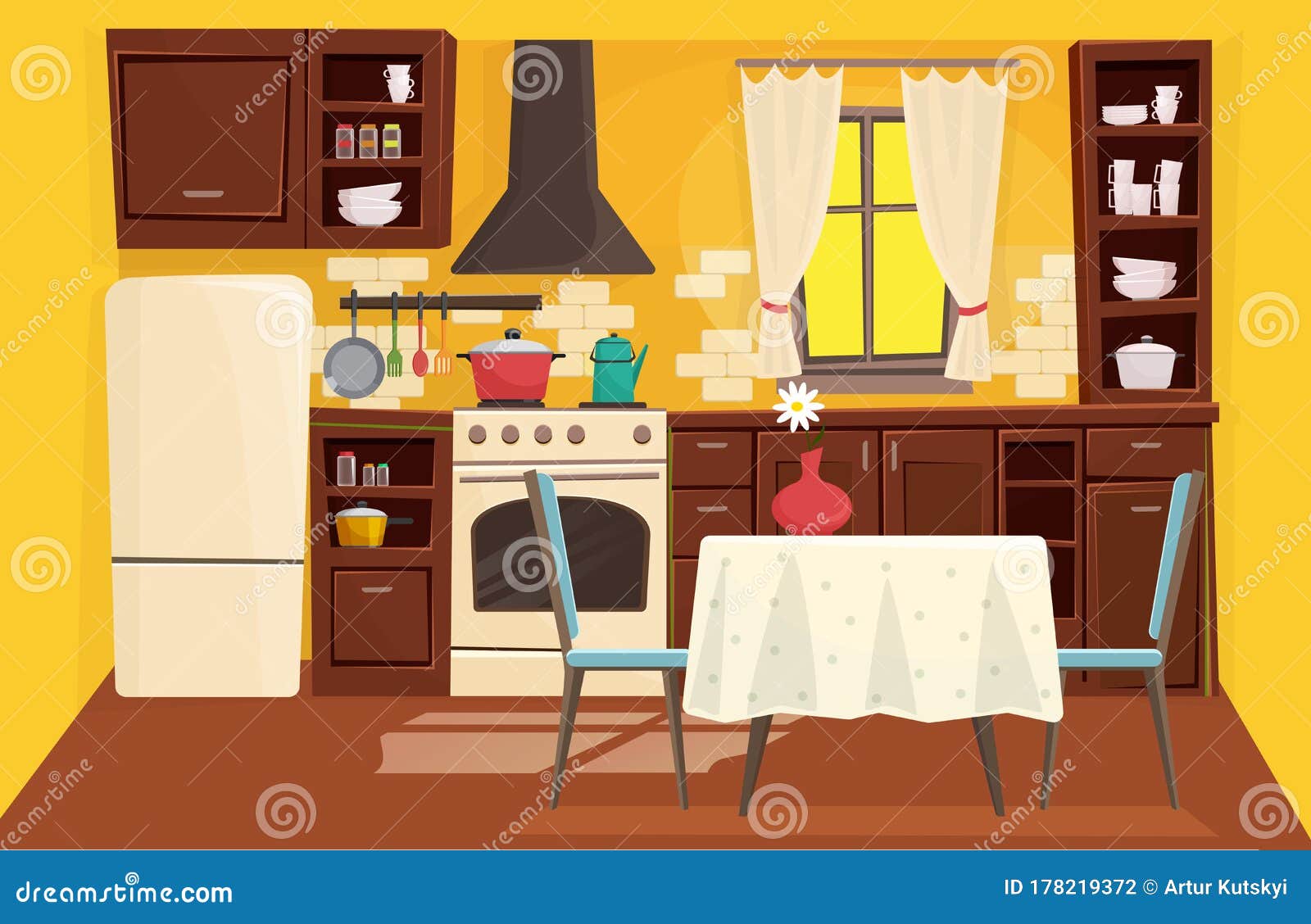 Banco posterior Walter Cunningham Decoración De Cocina Linda Dibujos Planos Dibujos Animados Vectoriales  Fondo Ilustración del Vector - Ilustración de plano, interior: 178219372