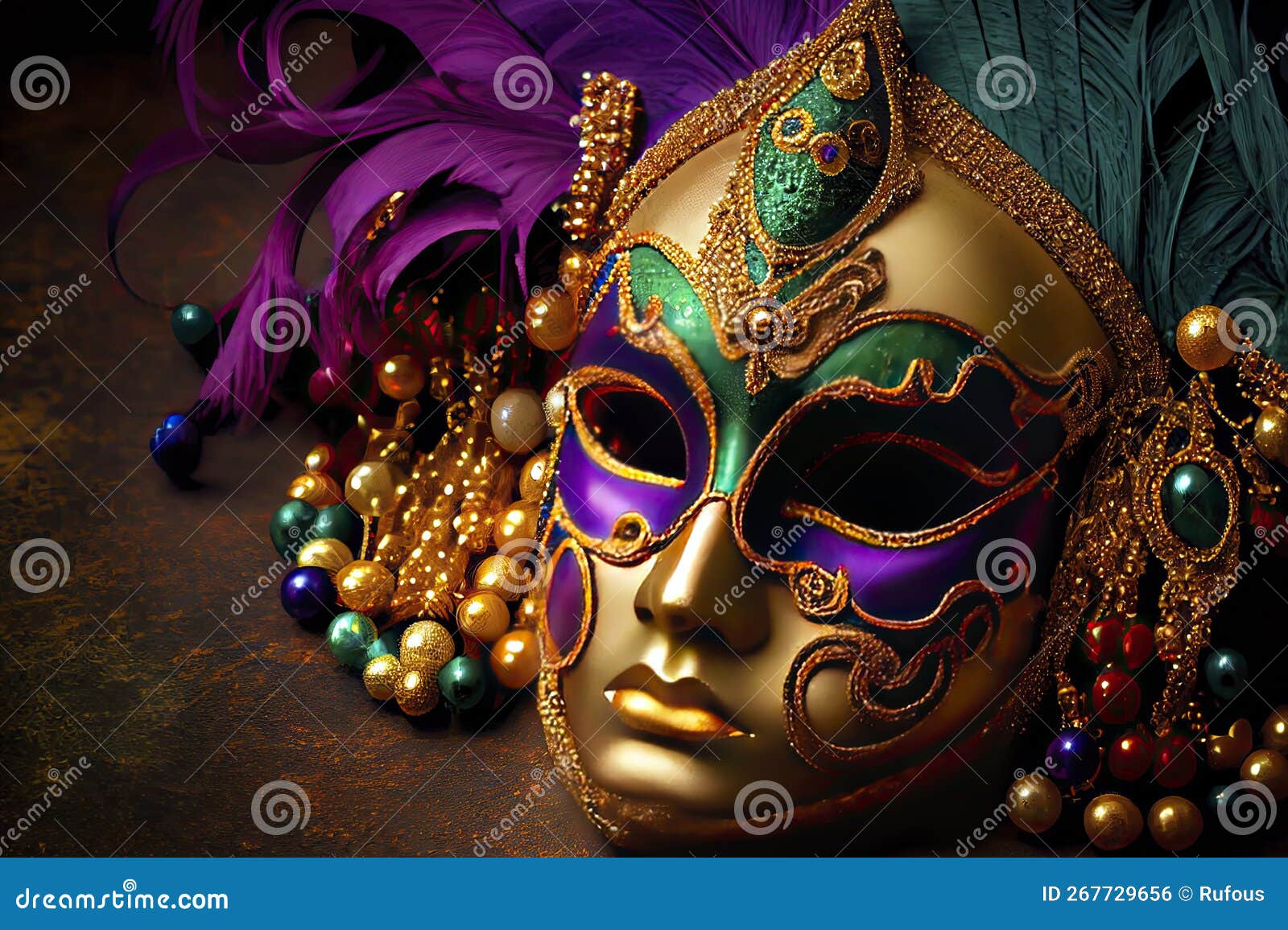 Decoración De Máscaras De Carnaval Veneciano Y Cuentas. Fondo De Mardi Gras  Stock de ilustración - Ilustración de vector, vacaciones: 267729676