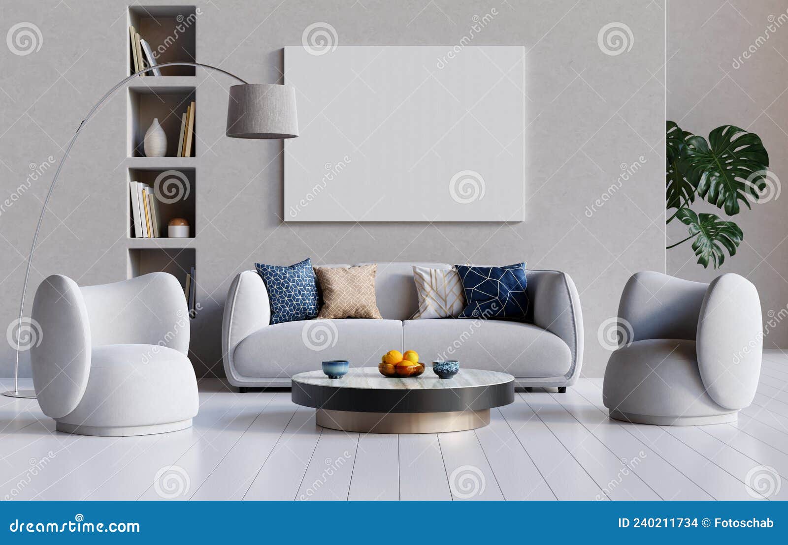 Decoración Moderna De Salón Con Mobiliario Redondeado Y Grandes Lienzos Que  Se Burlan De La Representación 3d De La Pared. Stock de ilustración -  Ilustración de libros, muebles: 240211734