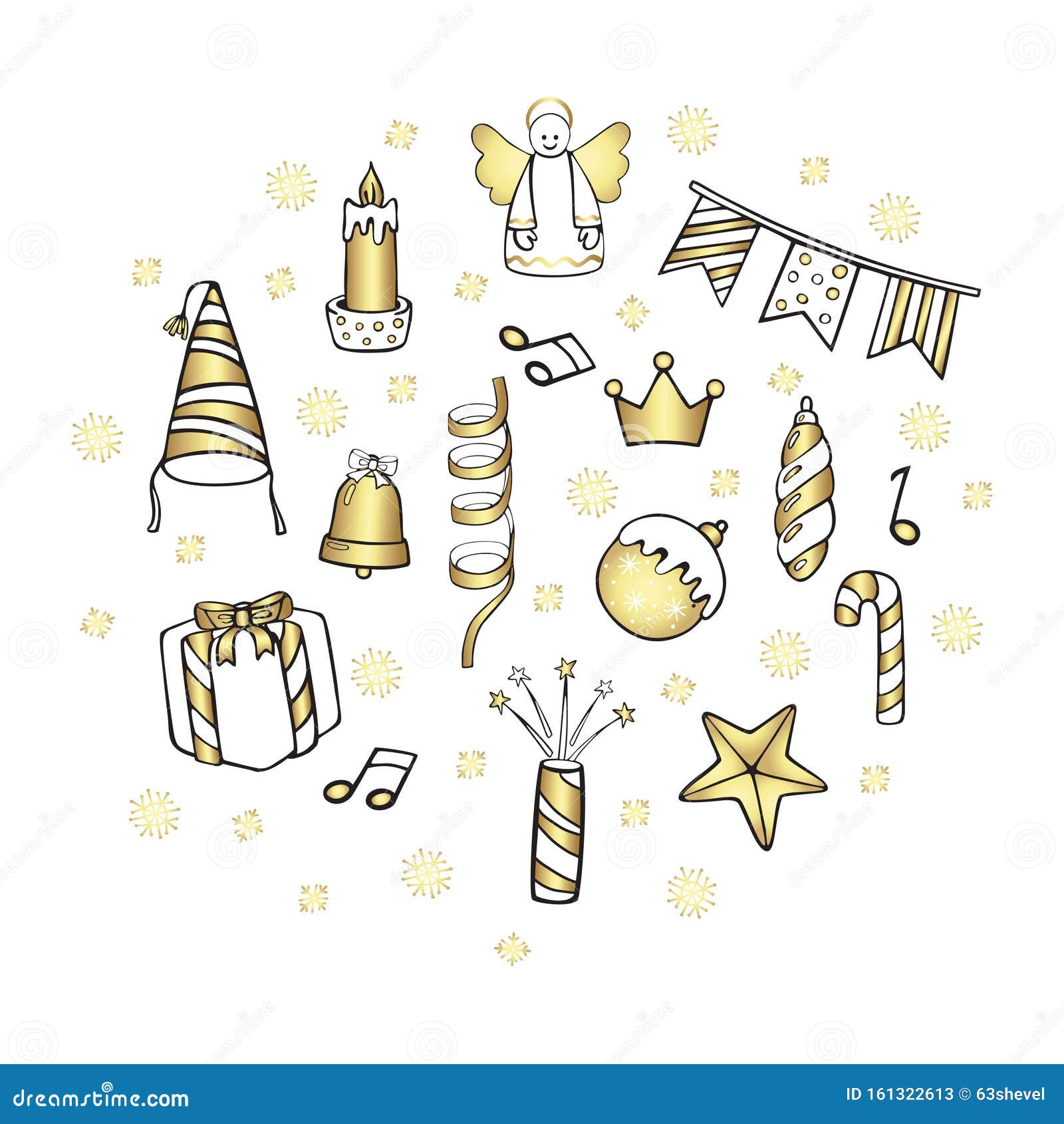 Decoraciones, Juguetes Y Accesorios De Navidad Y Año Nuevo En Una  Composición Decorativa Redonda Ilustración De Dibujos Animados Ilustración  del Vector - Ilustración de mano, fireworks: 161322613
