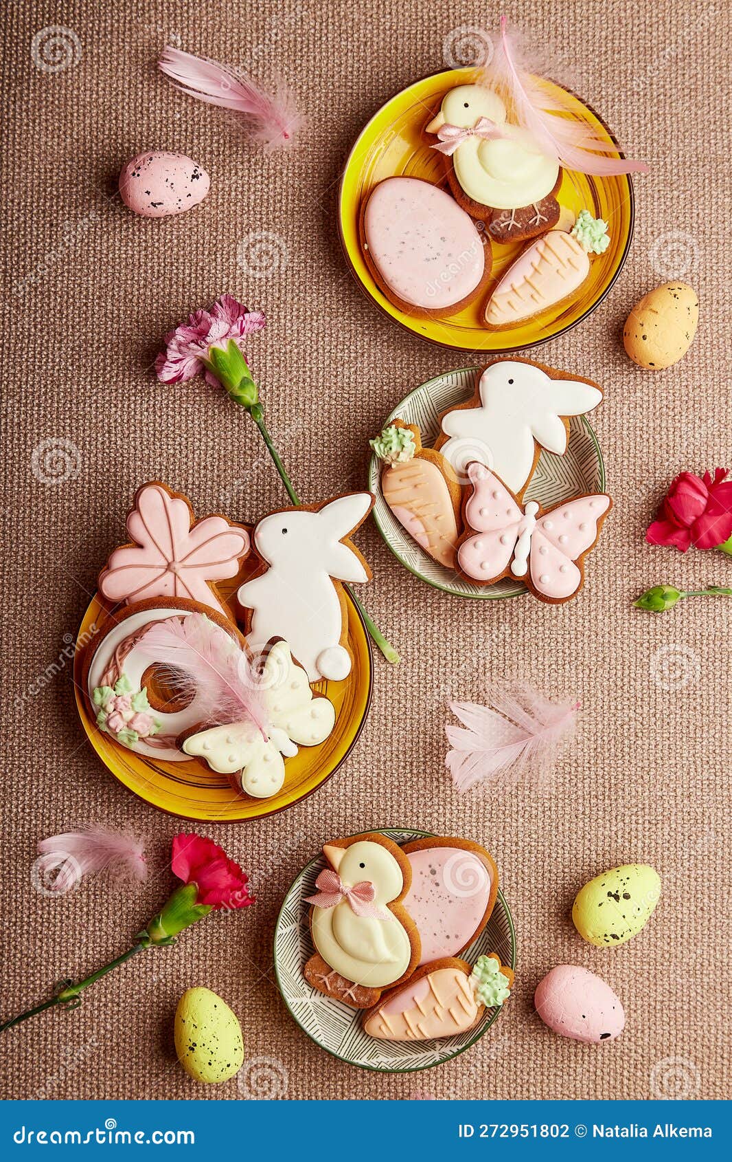 Decorated Aesthetic Easter Cookies, Pink Flowers with Feathers and Eggs. Spring Pastel Background Stock Photo - Image of dessert, food: 272951802