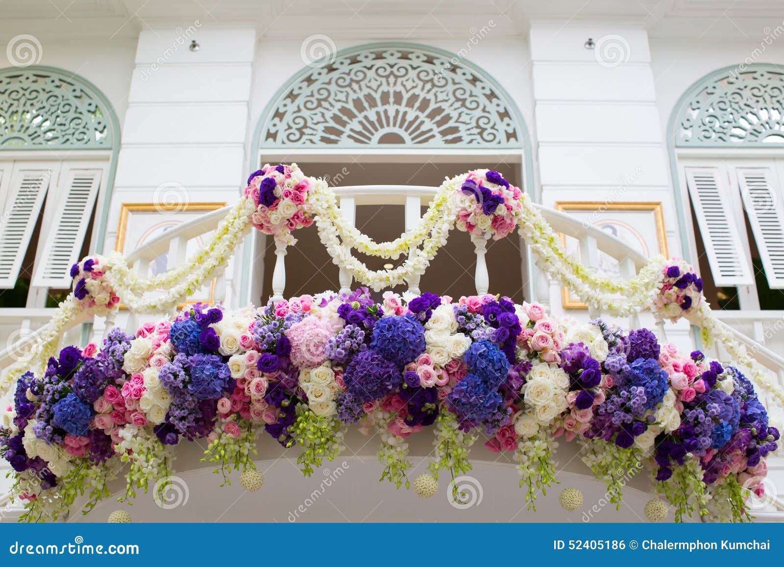 decorated balcony with colorful beautiful flower, tropical clima