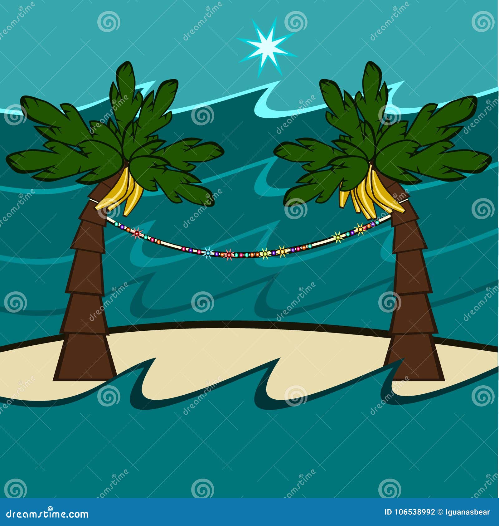 Decorated Banana Palms Trees Under A Lighted Star On An