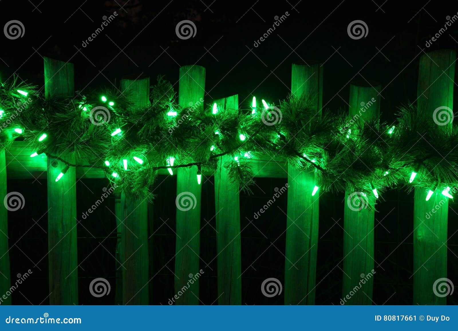 Decorated with Christmas Green Lights on Fence Stock Image Image of