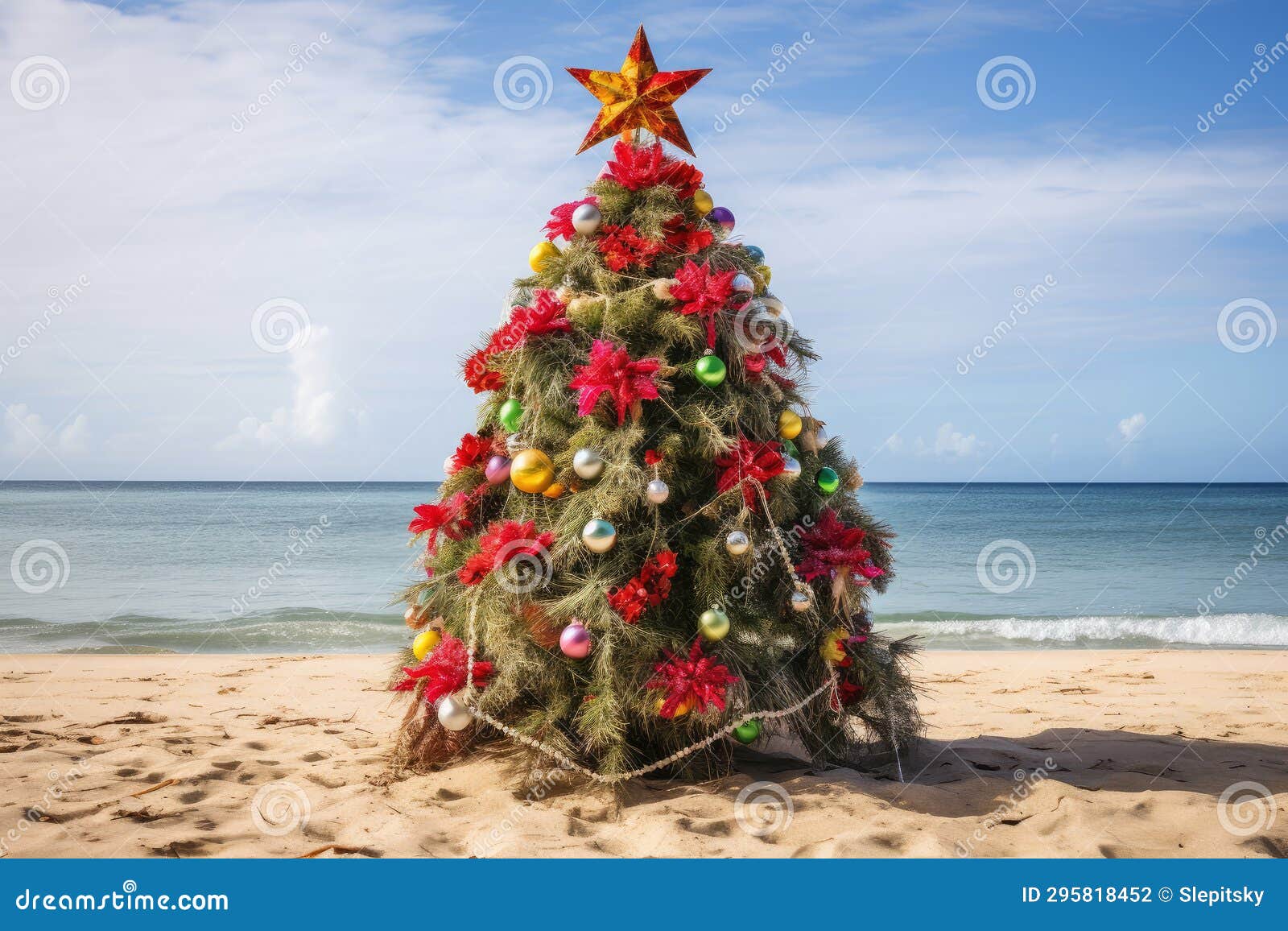 Decorated Christmas Tree on the Beach Near the Ocean Stock Photo