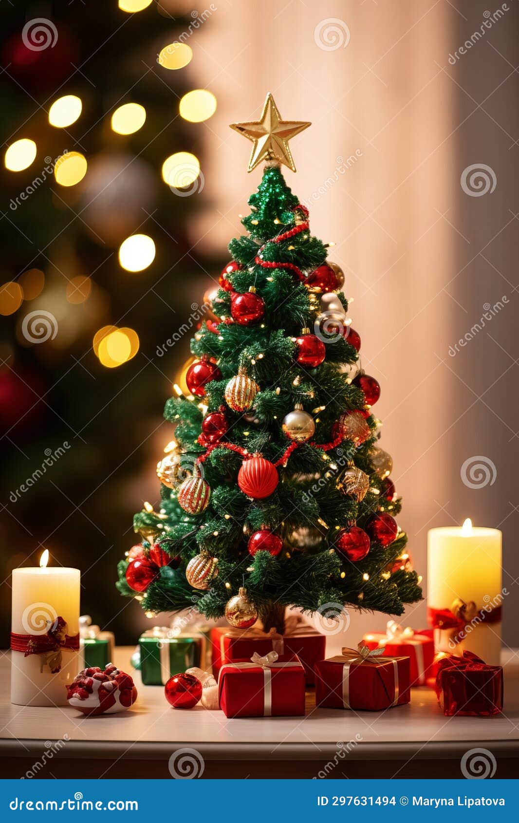 Decorated Christmas Tree and Candles on the Background of the Christmas
