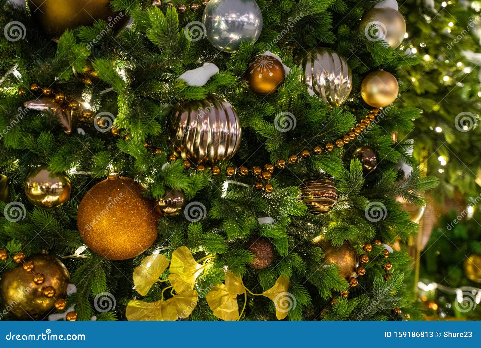 Decorated Christmas Tree Close Up Details. Christmas Tree Lights and ...