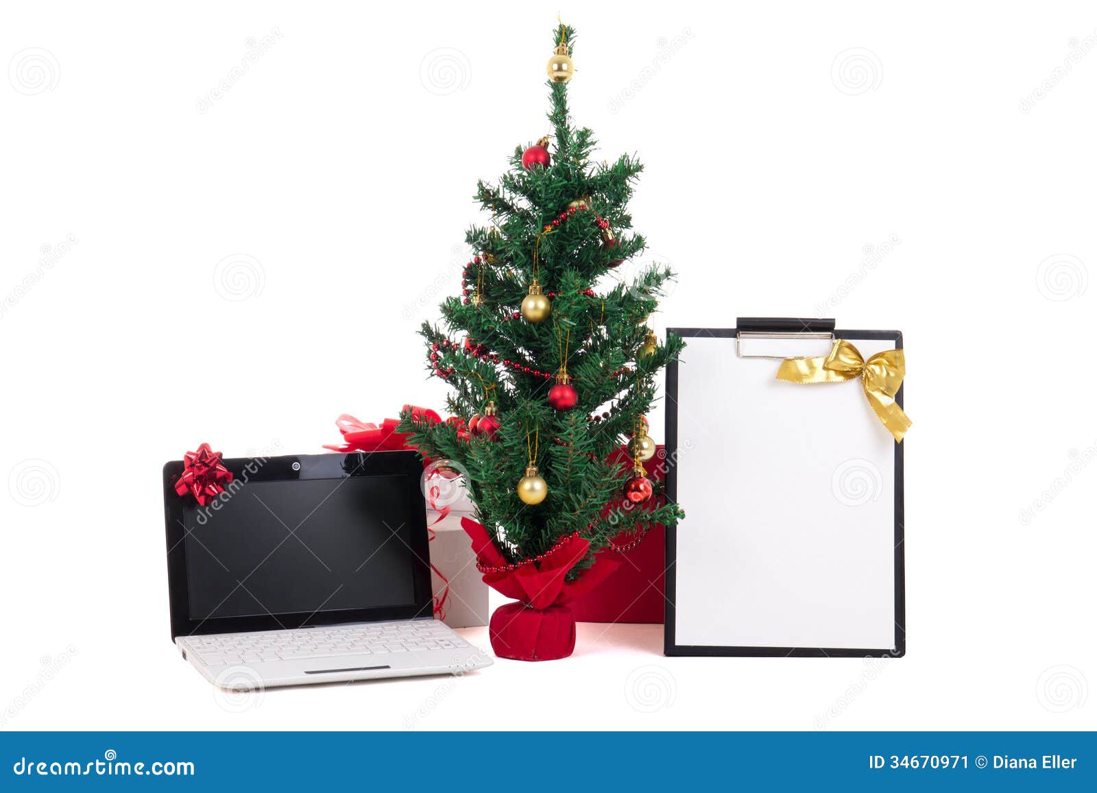 Decorated Christmas Tree, Computer And Gift List On White 