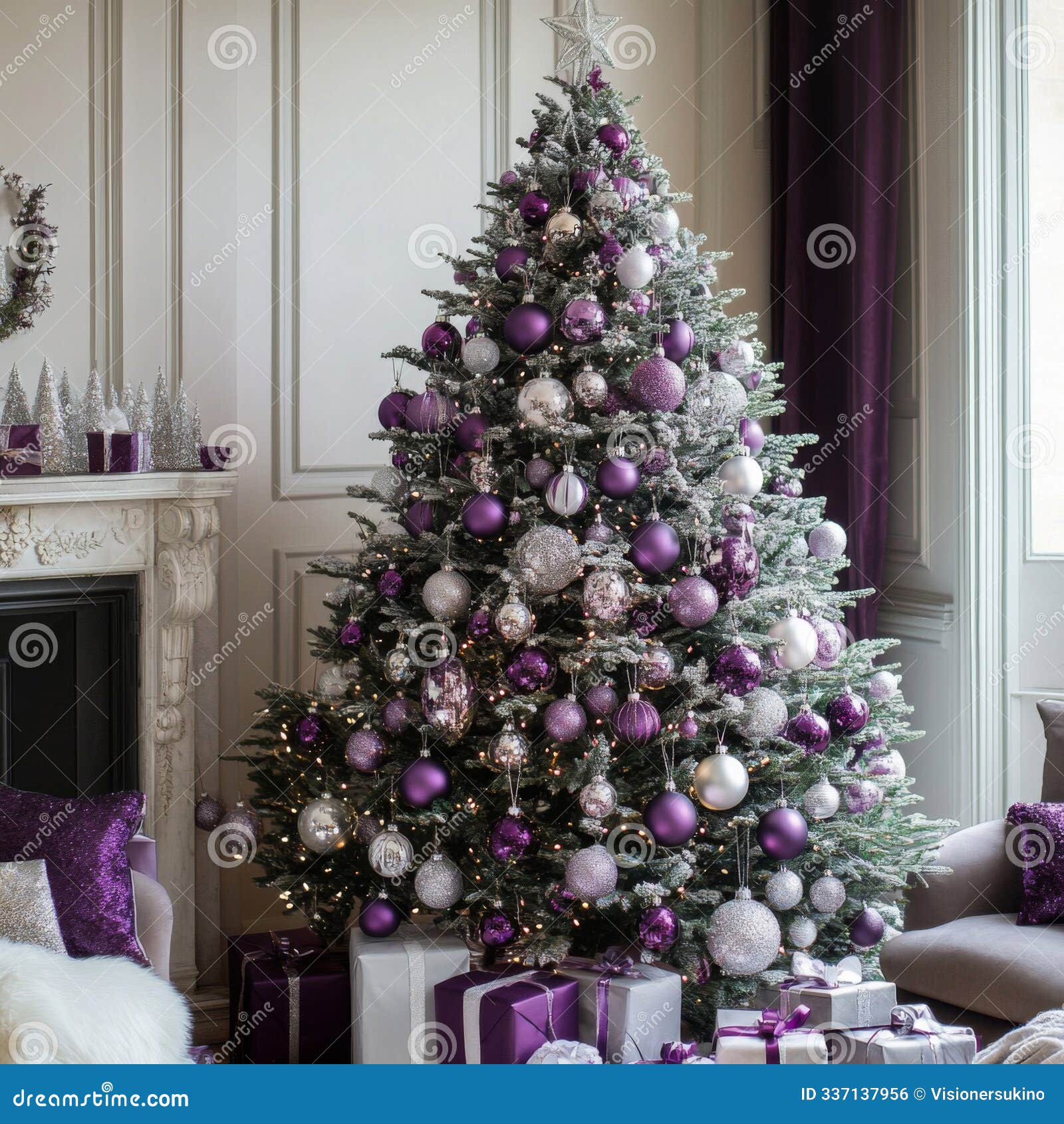 Decorated Christmas Tree with Purple and Silver Ornaments Stock Illustration Illustration of sparkle celebration 337137956