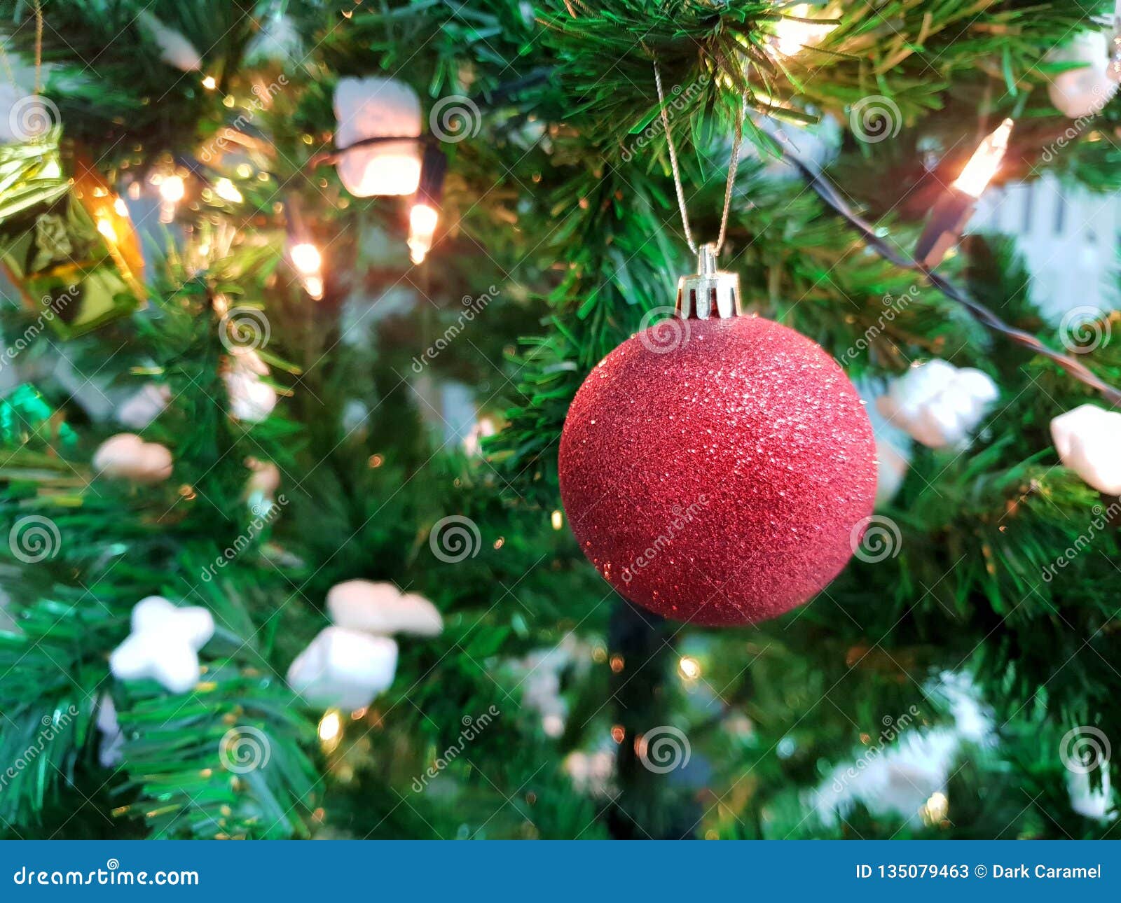 Decorated Christmas Tree with Red Ball. Stock Image - Image of green ...