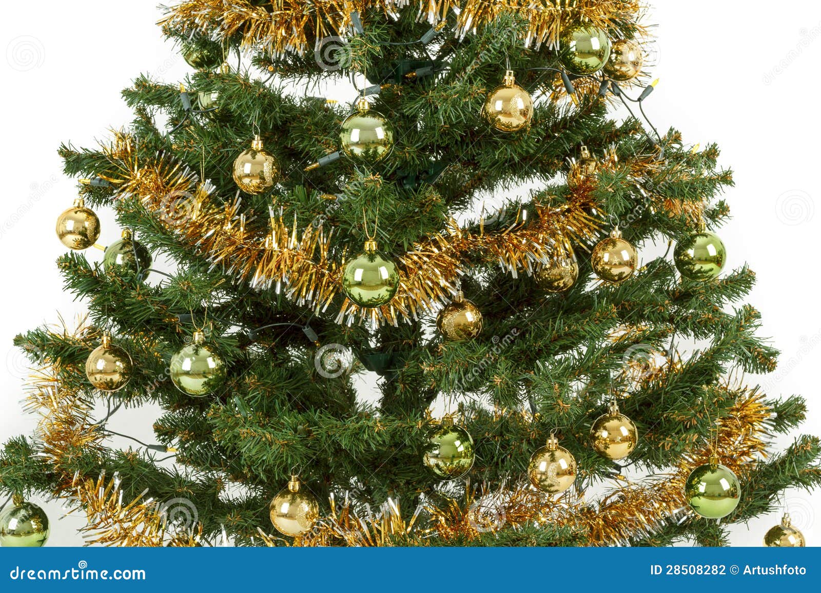 Decorated Christmas Tree with Yellow and Green Balls Stock Photo