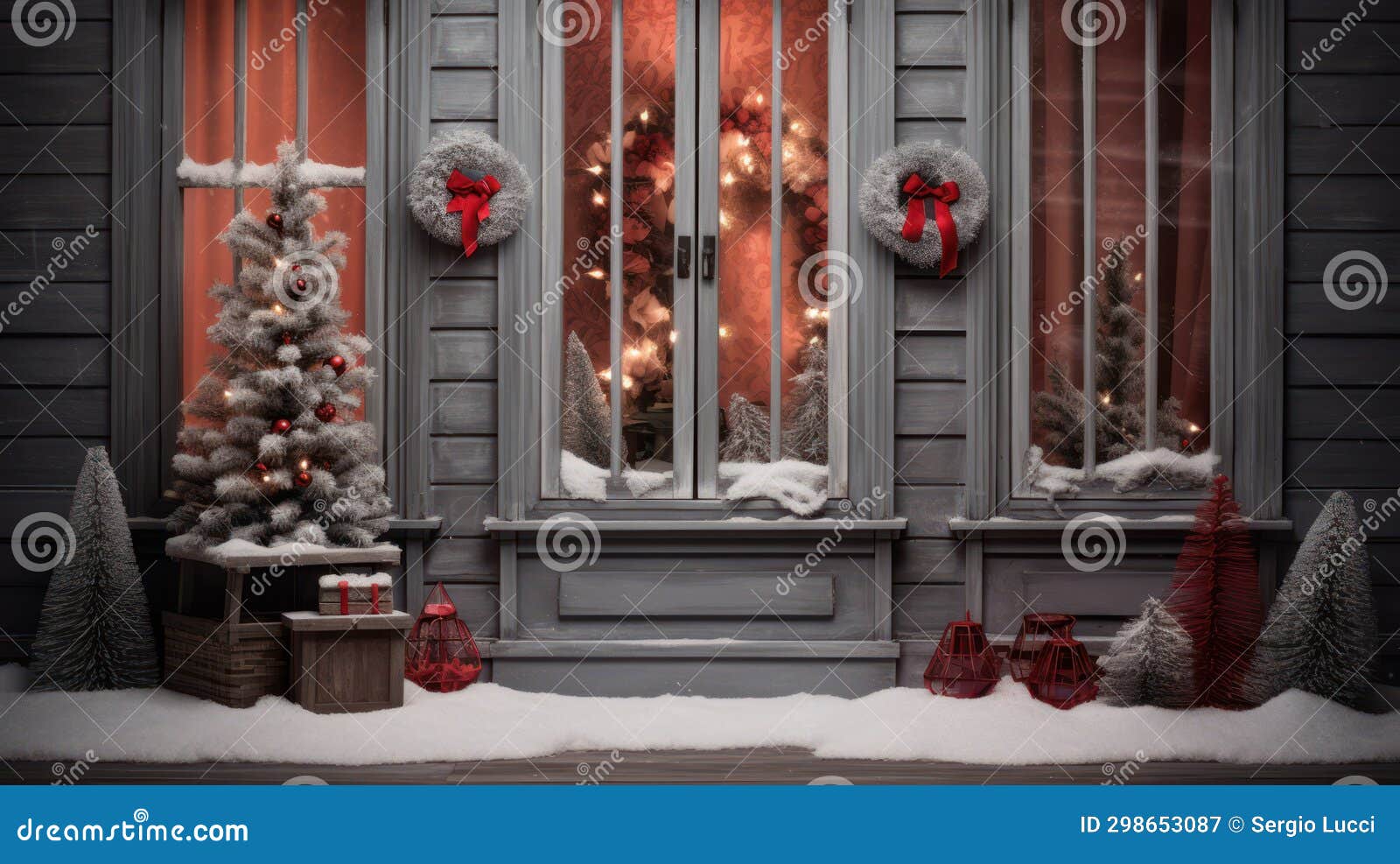 Decorated Front Door of a House with Christmas Tree Stock Image Image