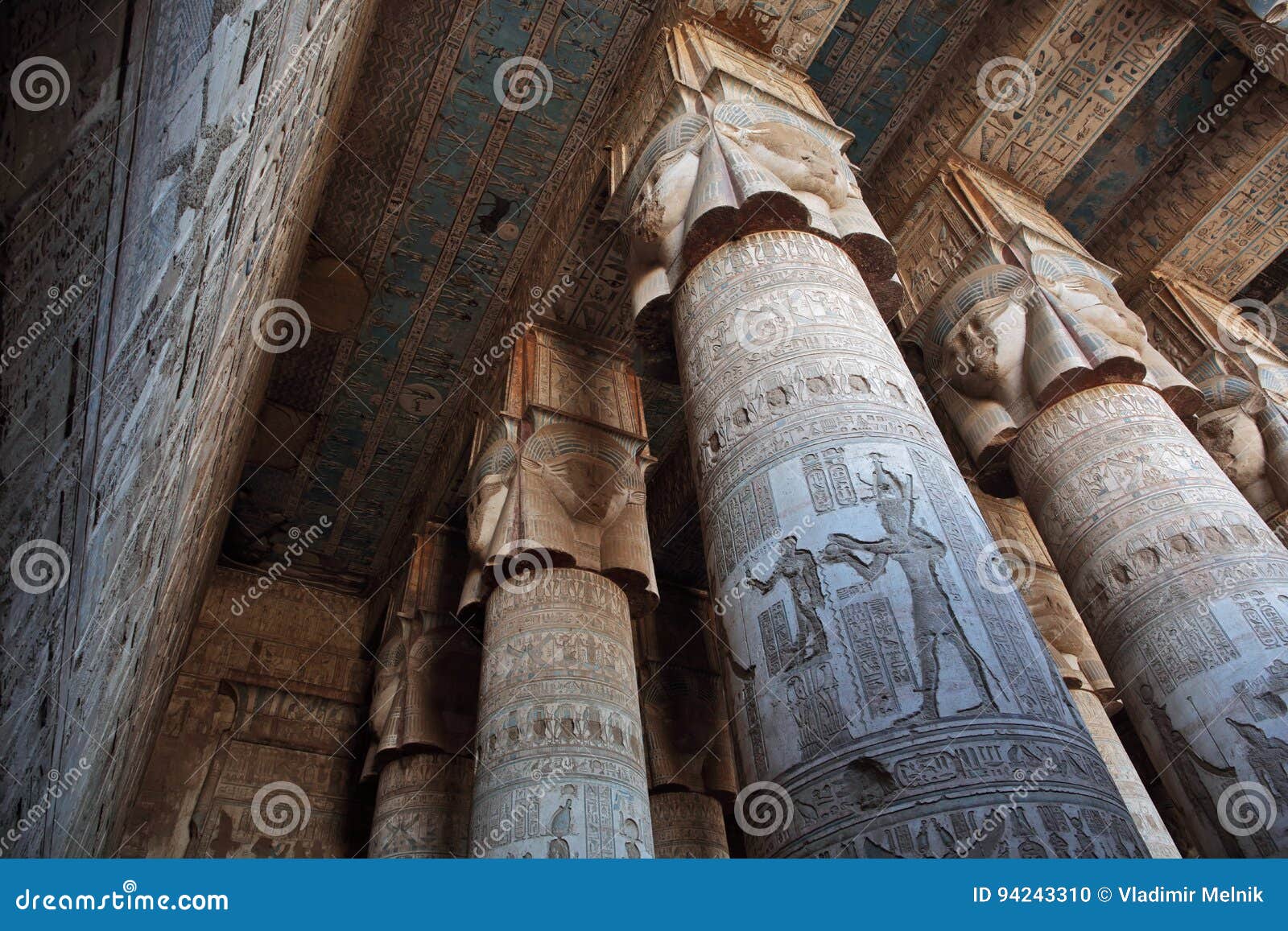 decorated pillars and ceiling in dendera temple, egypt