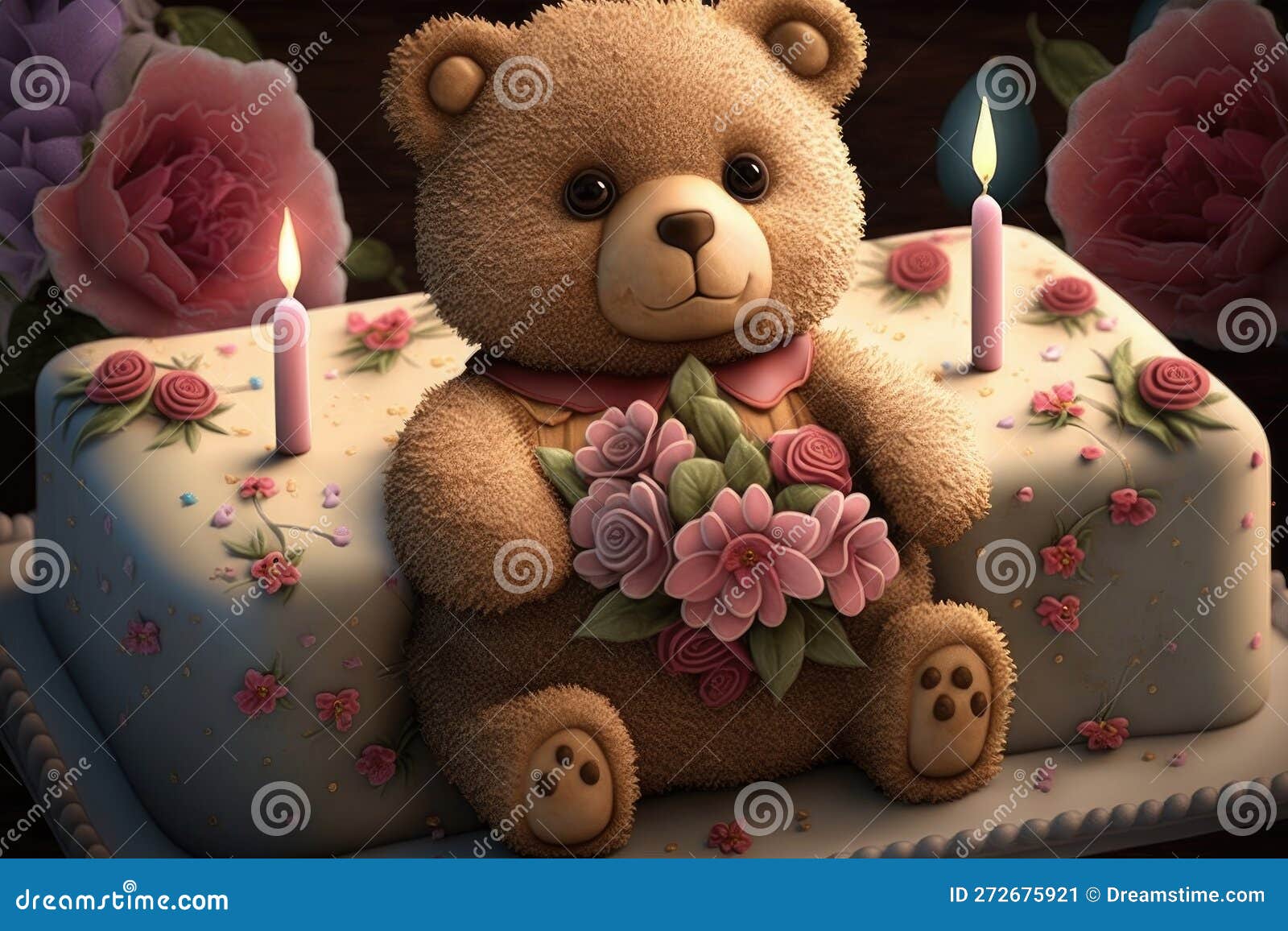 Decorated Rectangular Birthday Cake with Bear Candles and Flowers Stock