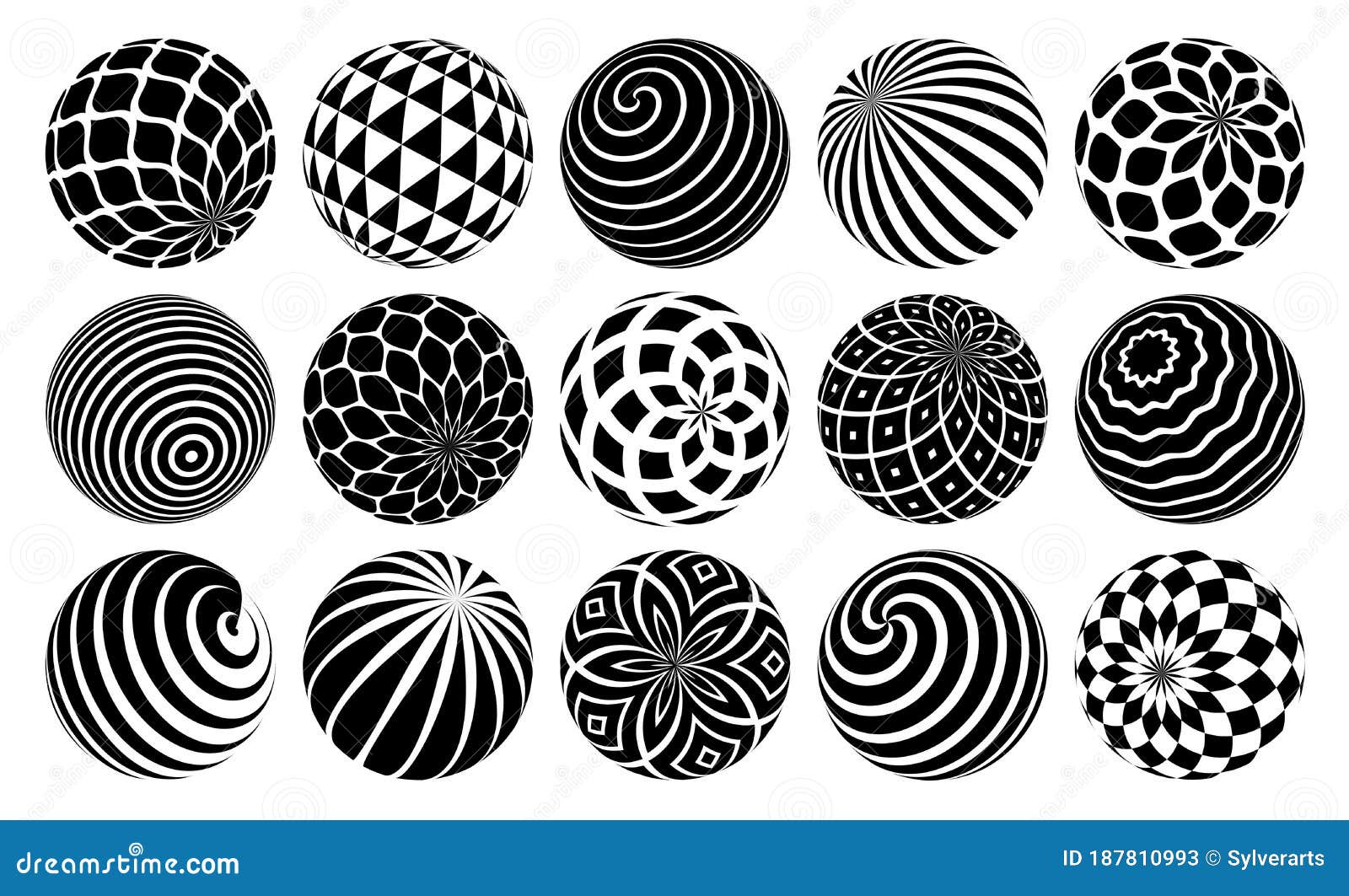 Decorated Spheres Vector Illustrations Set, Abstract Beautiful Balls