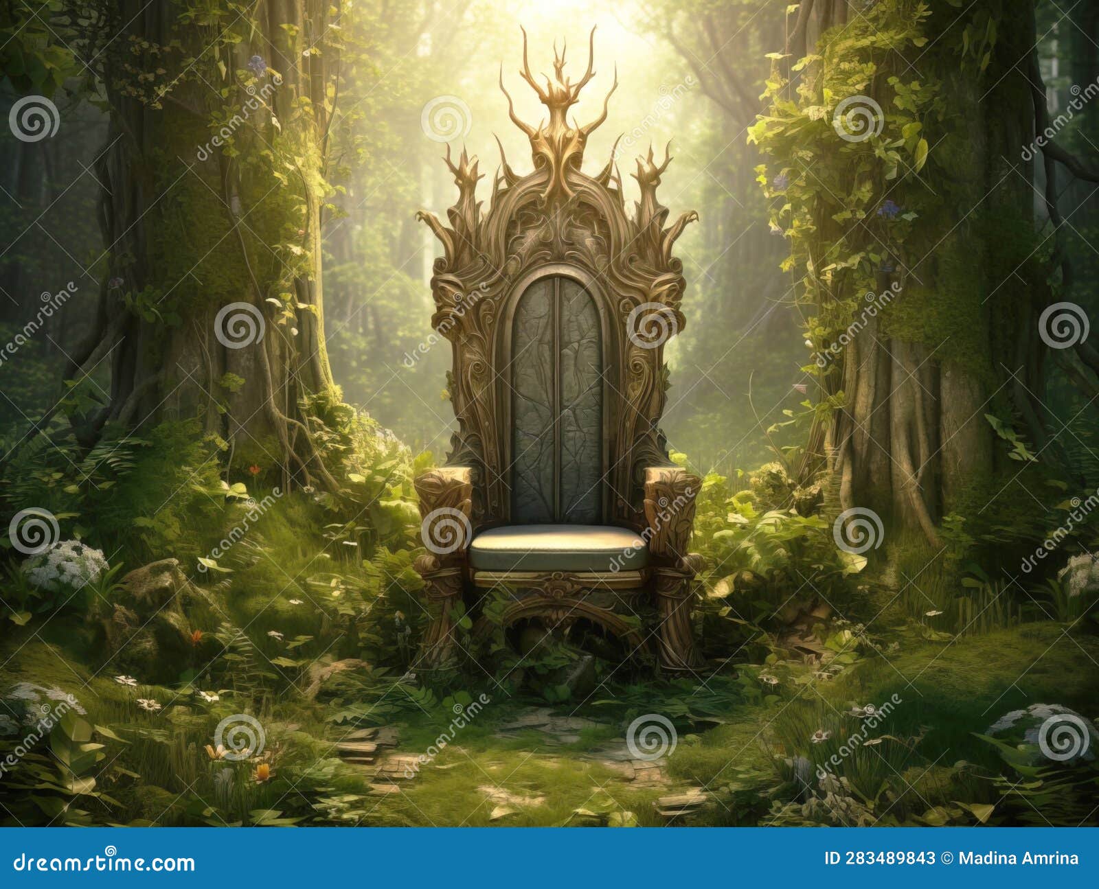 Decorated Throne. the Green Throne Standing in the Forest. Stock