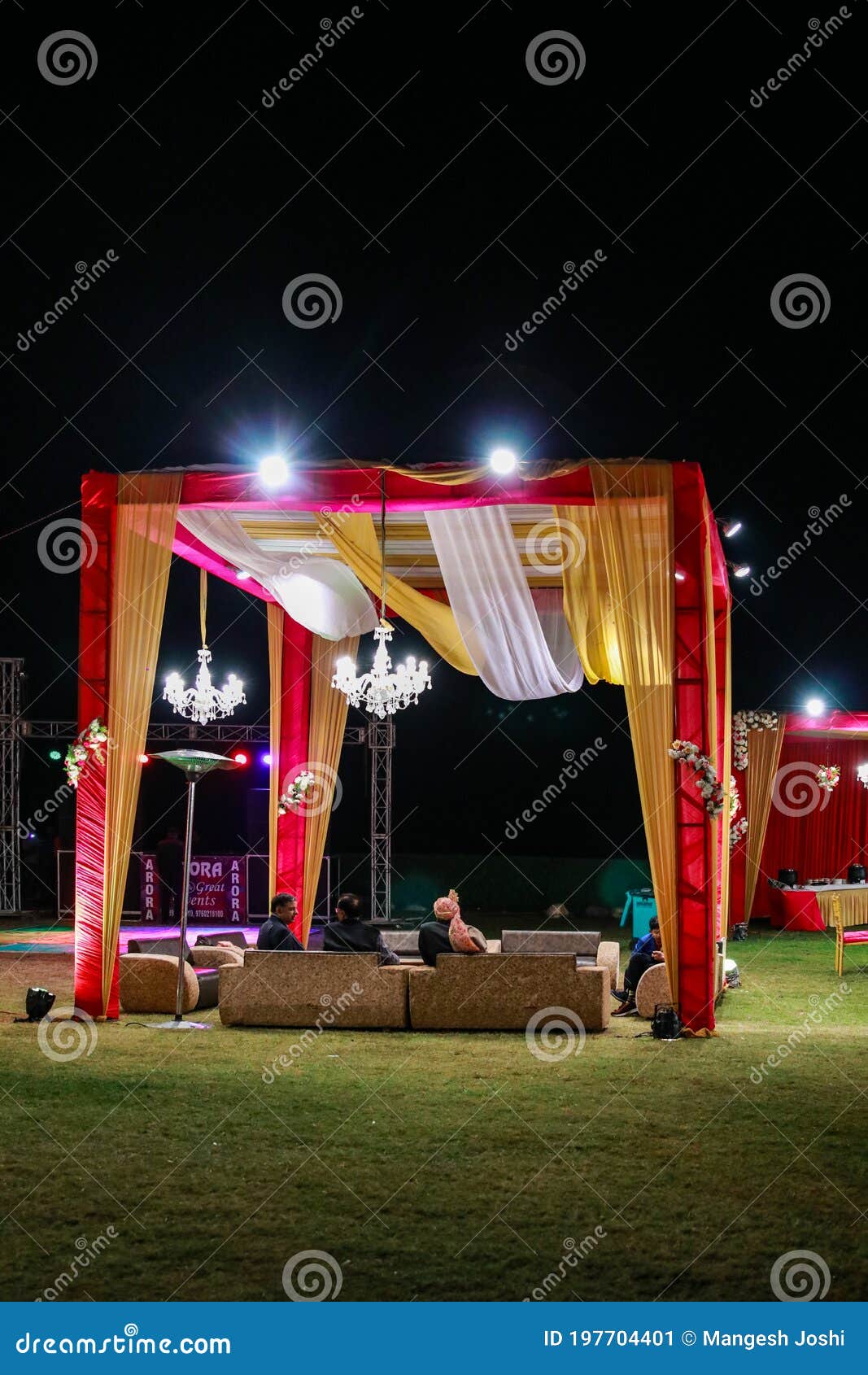 A Decorated Wedding Gazebo in India with Sofa Seating and Lighting