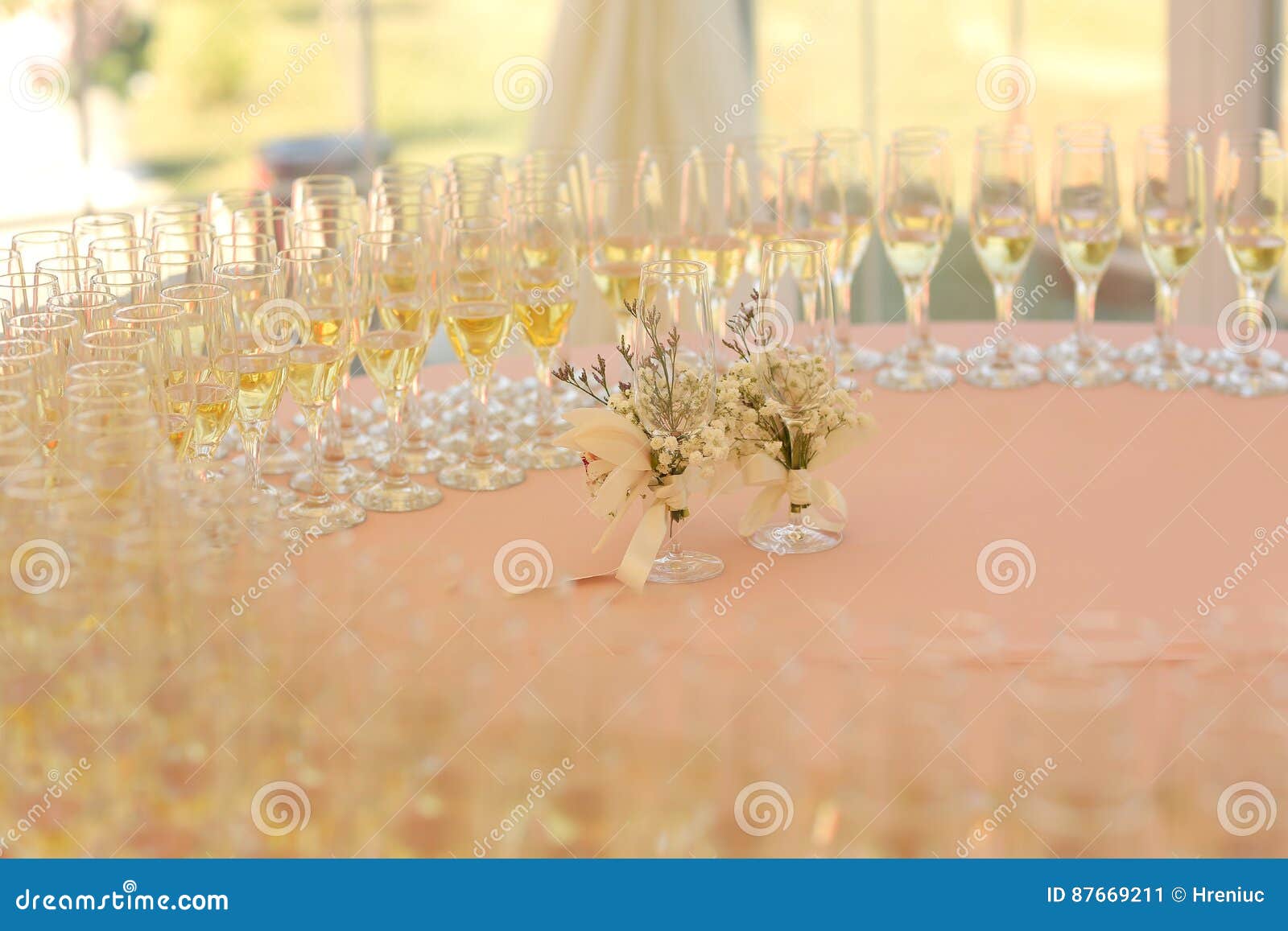 Decorated Wedding Reception Table with Champagne Glasses Stock Image