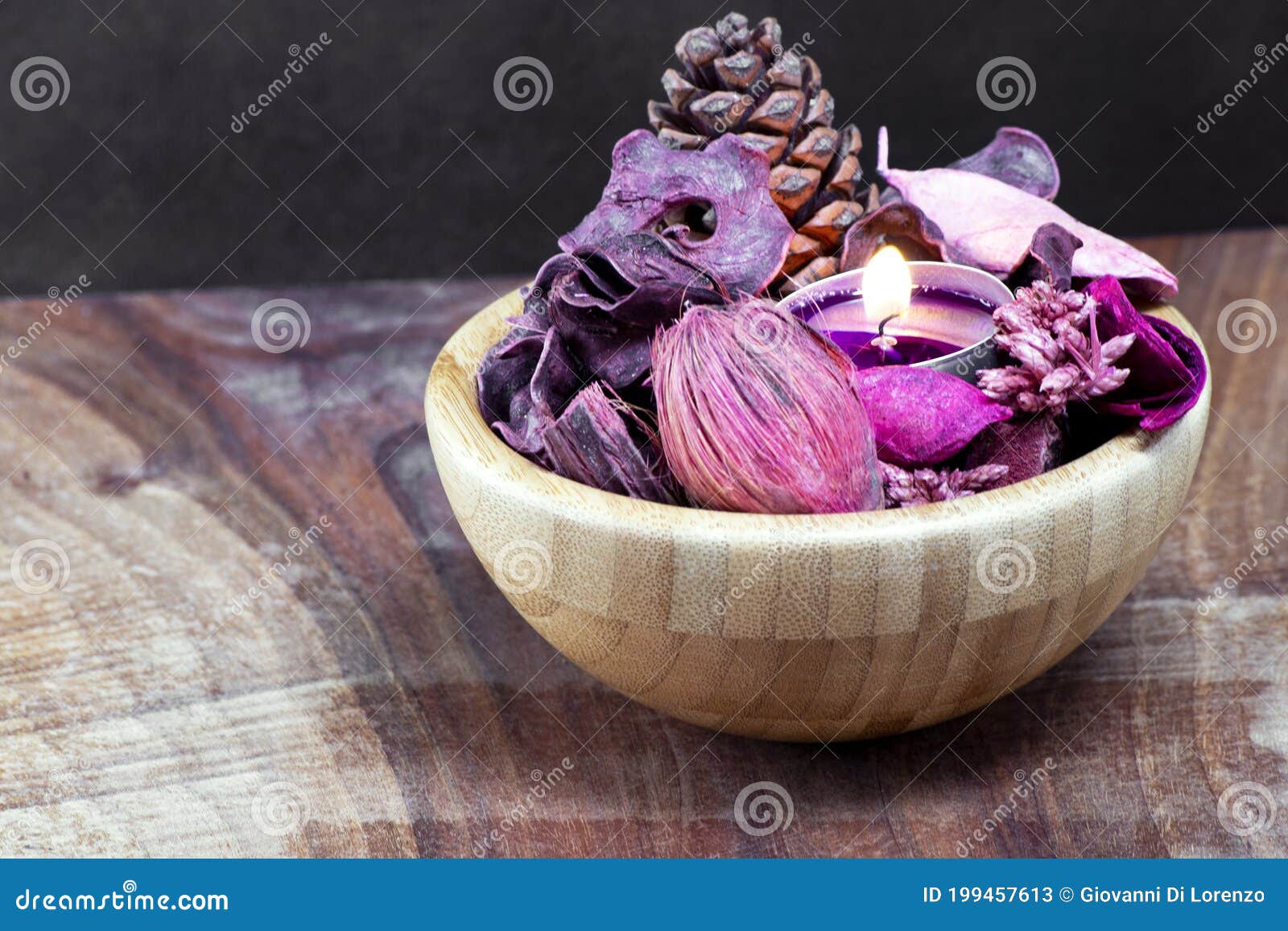 Decoration with Candle Light and Dried Flowers Potpourri Stock Image