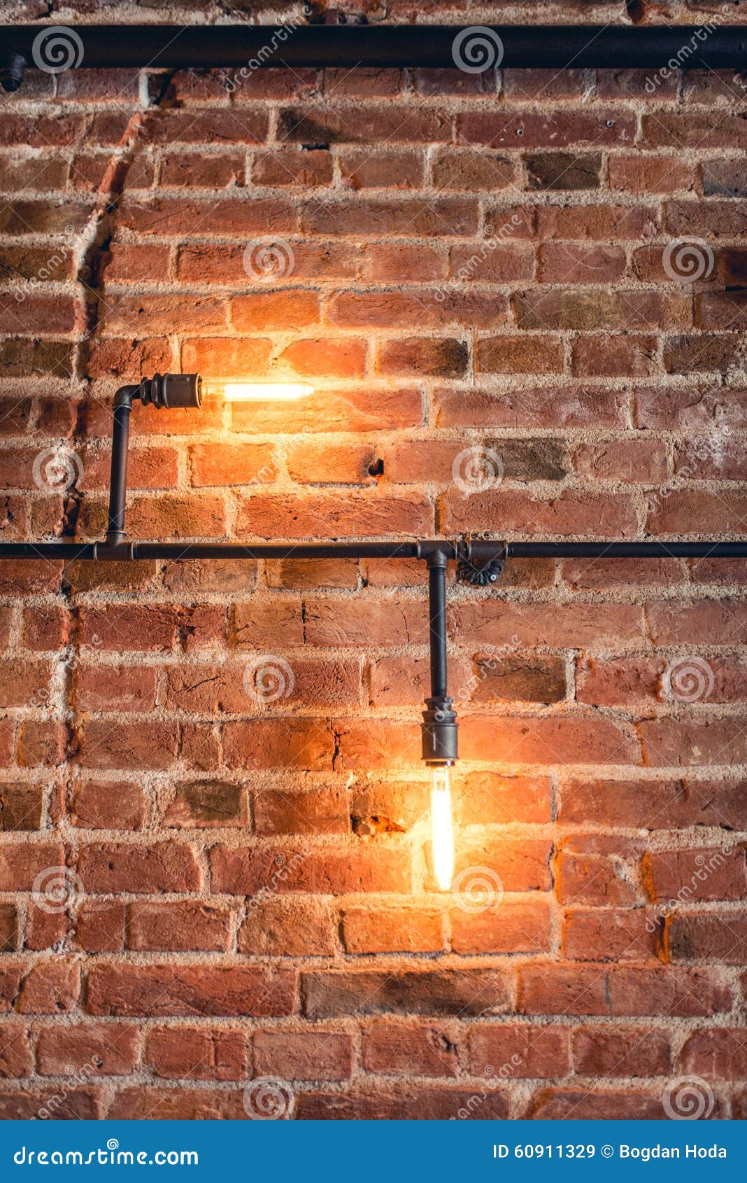 Decoration Walls With Lamps, Pipes And Bricks. Old And Vintage Looking Wall, Interior Design ...