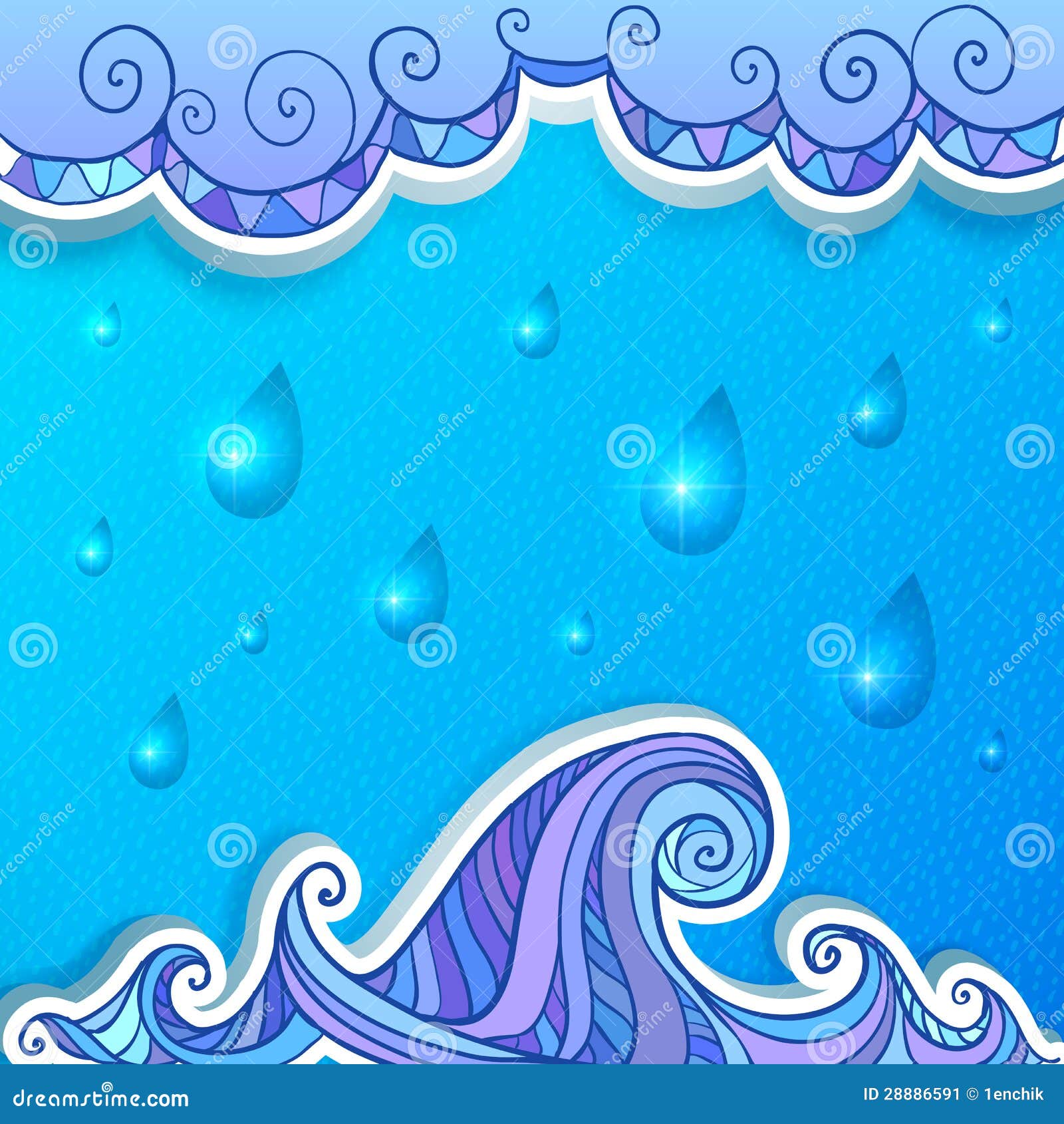 Decorative Abstract Ocean, Clouds and Rain Vector Stock Illustration