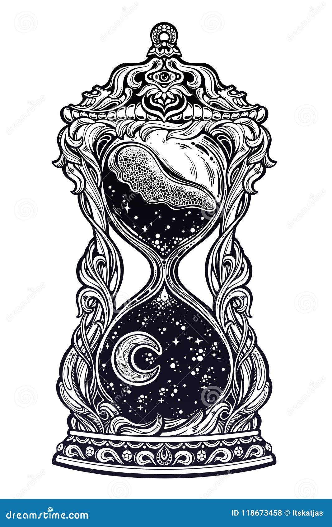 Decorative Antique Hourglass with Stars and Moon Illustration. Sand