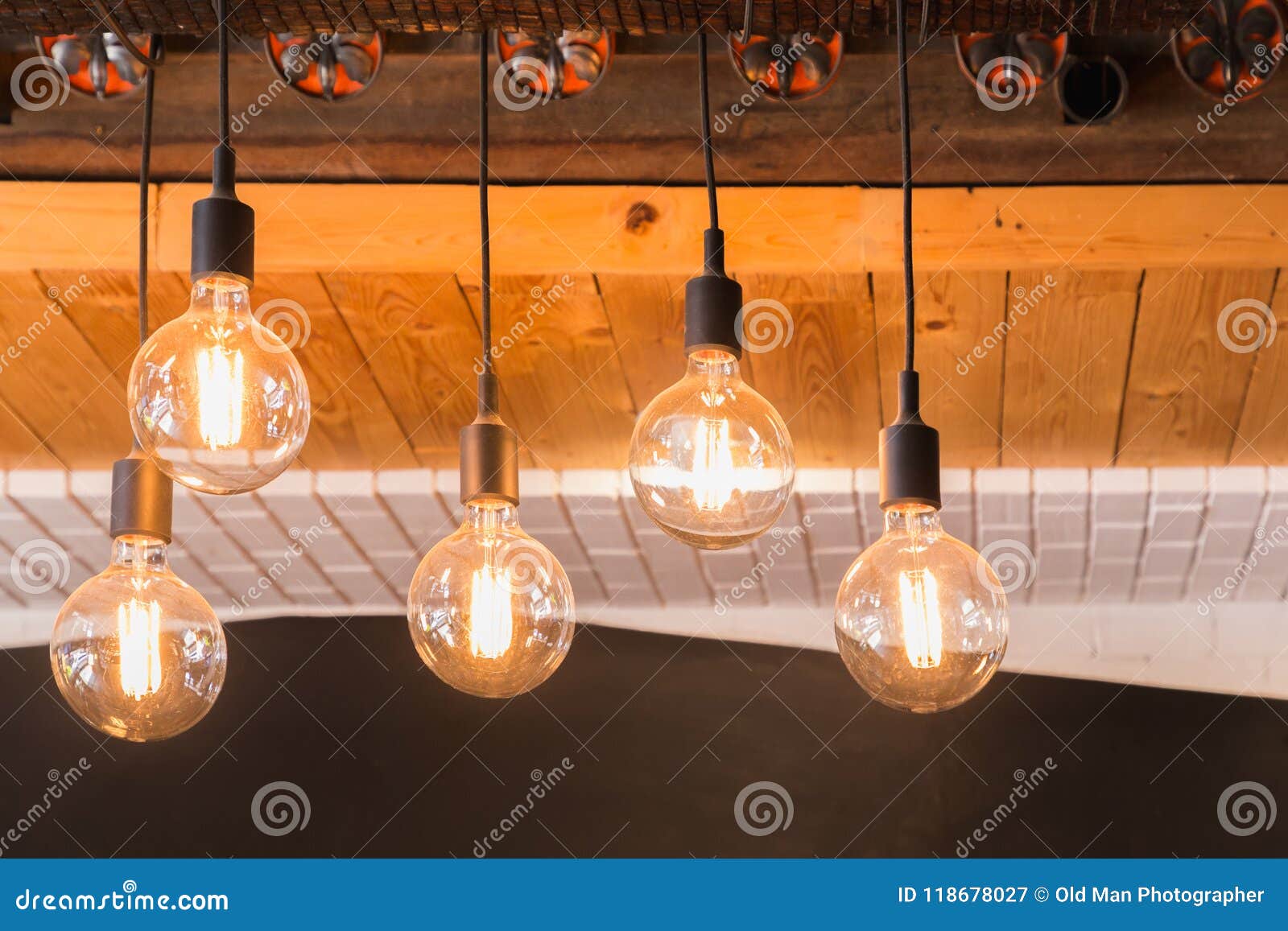Decorative Antique LED Tungsten Light Bulbs Hanging on Ceiling Stock