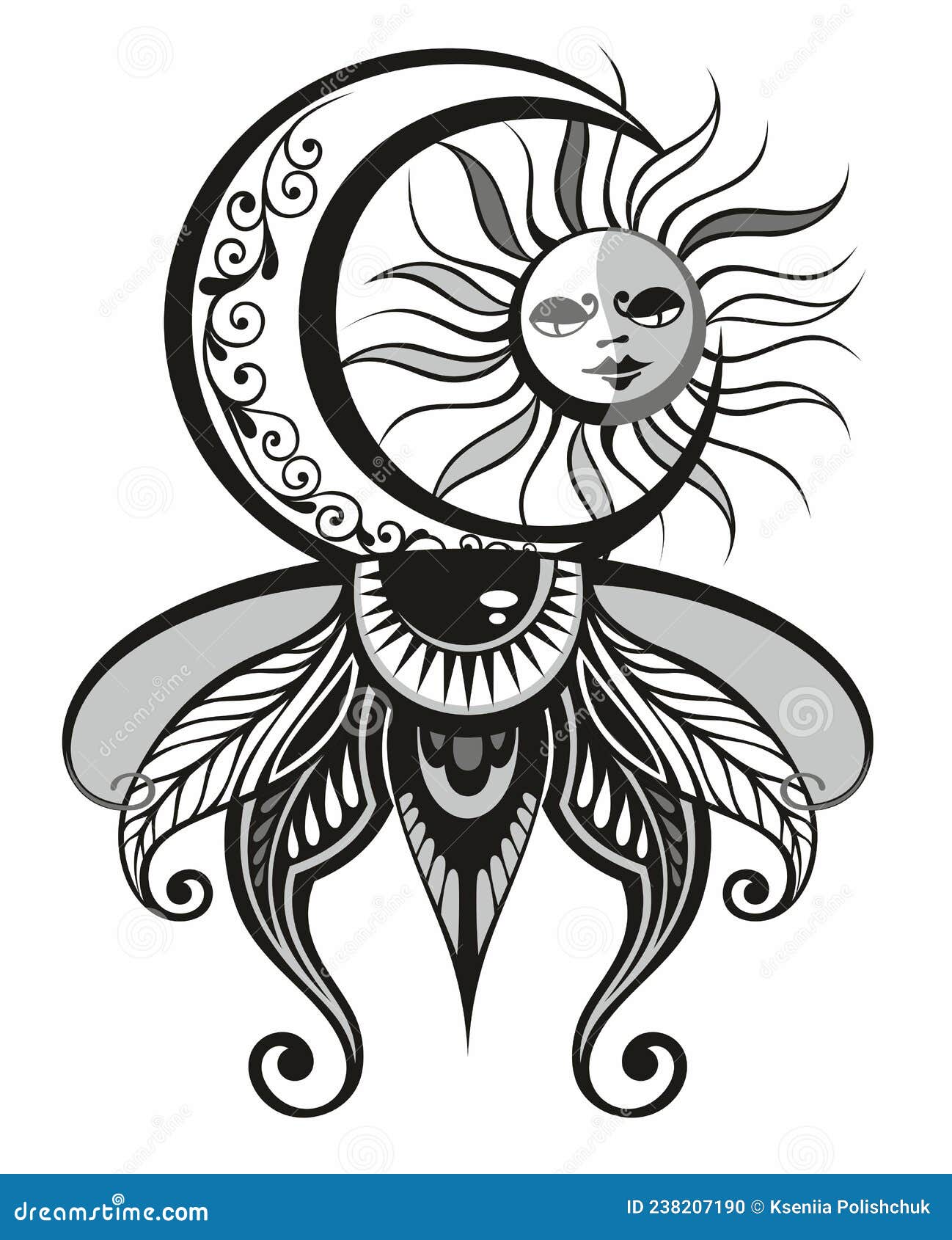 Bohemian Hand Drawing, Esoteric Sketch, Engraving Stylization. Sun and