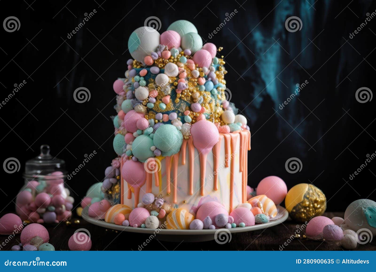 Decorative Cake with Cascading Waterfall of Icing and Cake Pops Stock