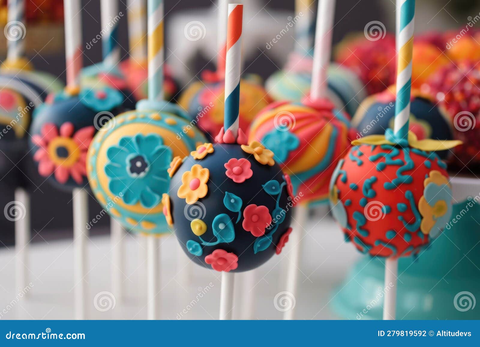 Decorative Cake Pops in Whimsical Style with Bright Colors and Bold