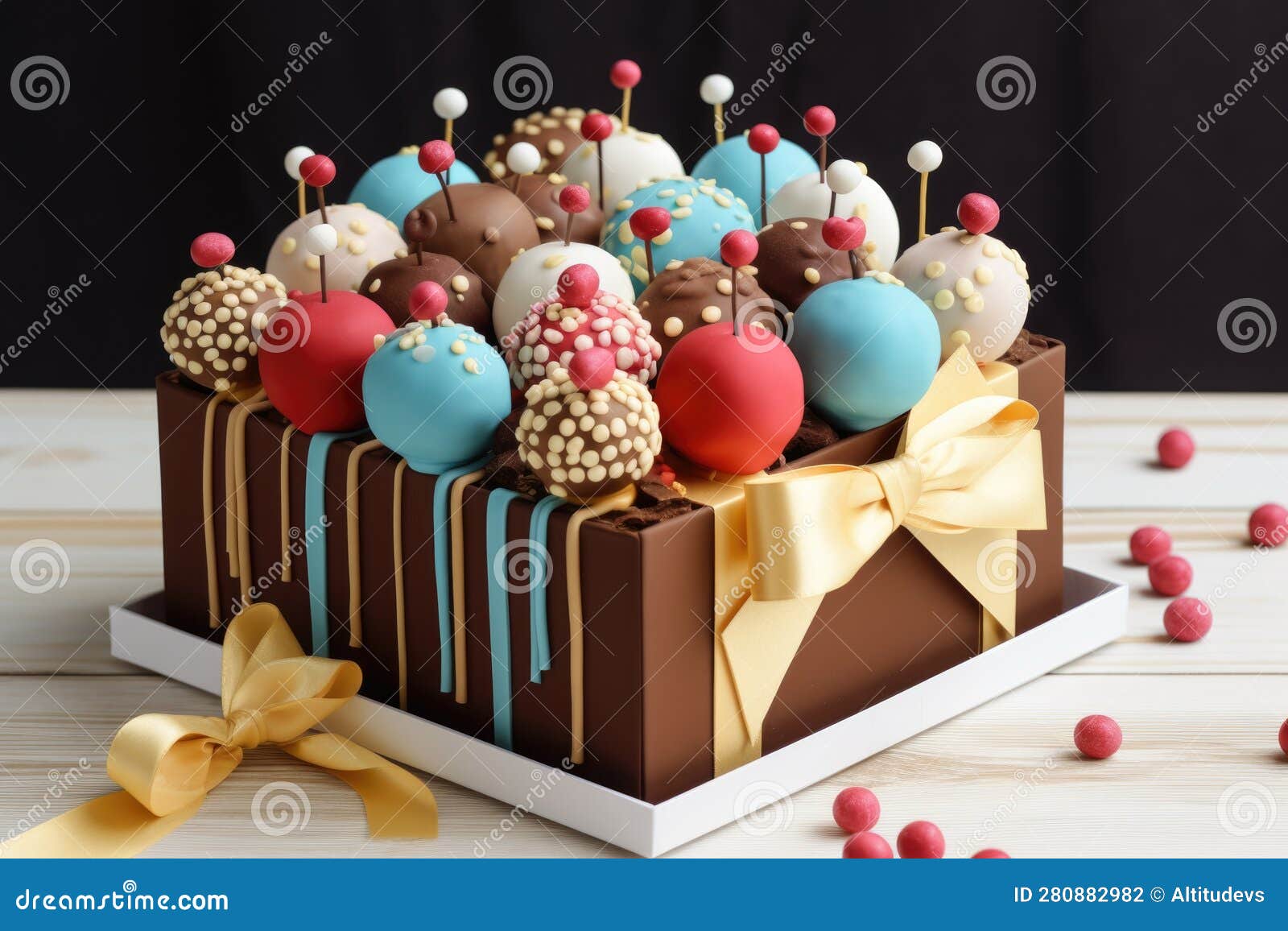 Decorative Cake in the Shape of a Gift Box Overflowing with Cake Pops