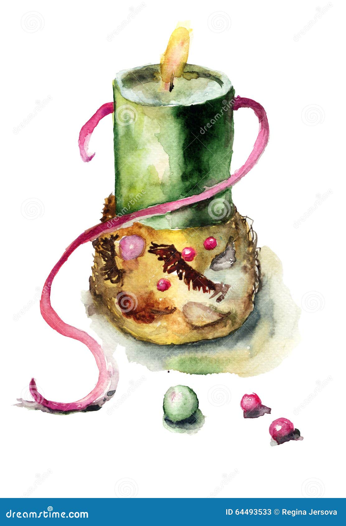 Decorative card with candle, watercolor illustration