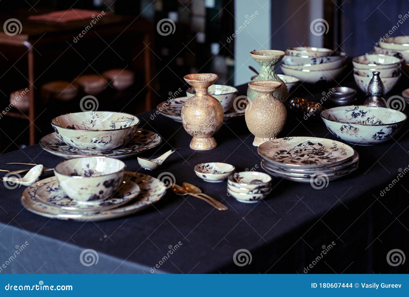 An Decorative Ceramic Dining Set in the Interior Home. Stock Photo