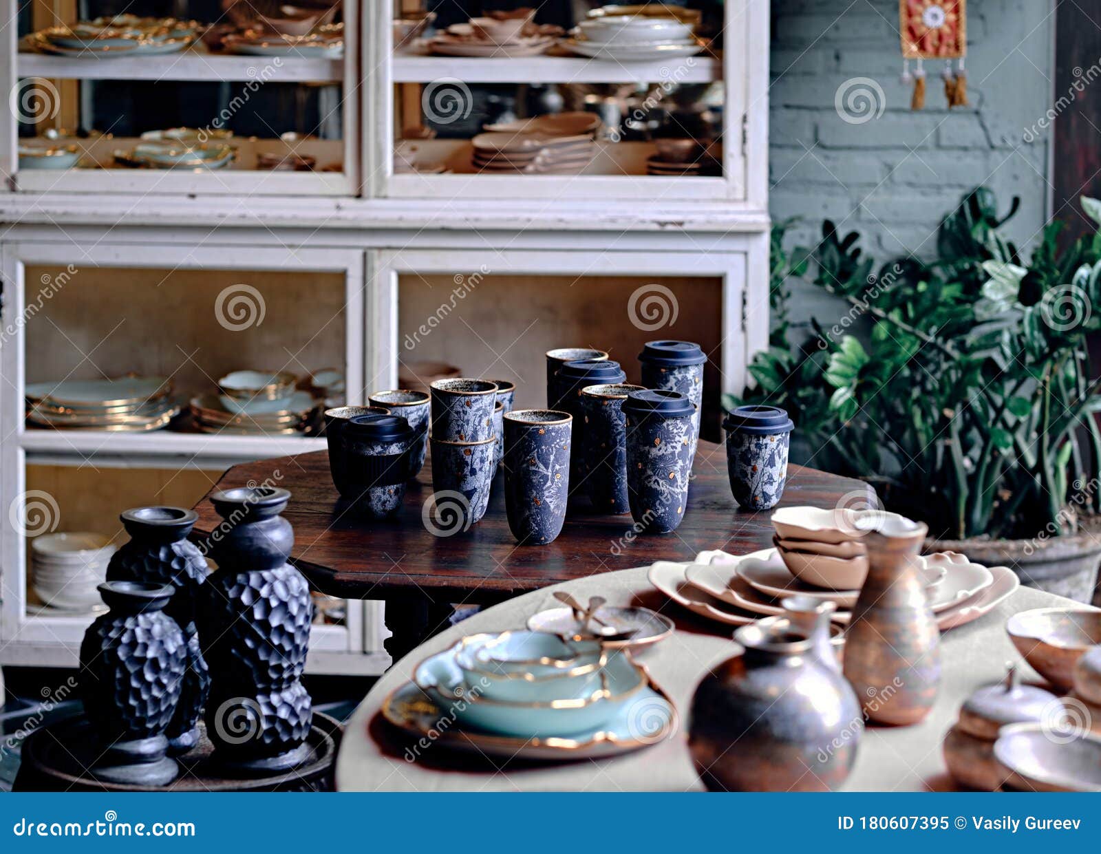 Decorative Ceramic Set in the Interior Home. Showcase of Handmade Ceramic Pottery Stock Image