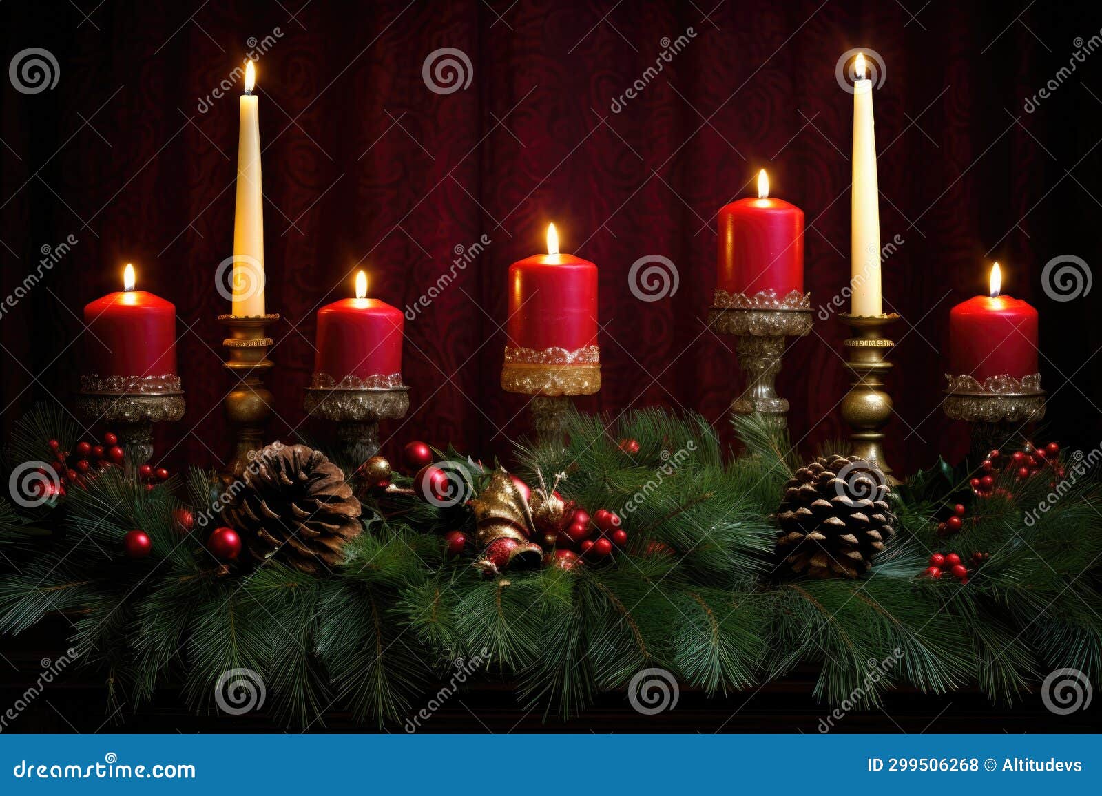 Decorative Christmas Candles and Pine Boughs Creating a Warm Border