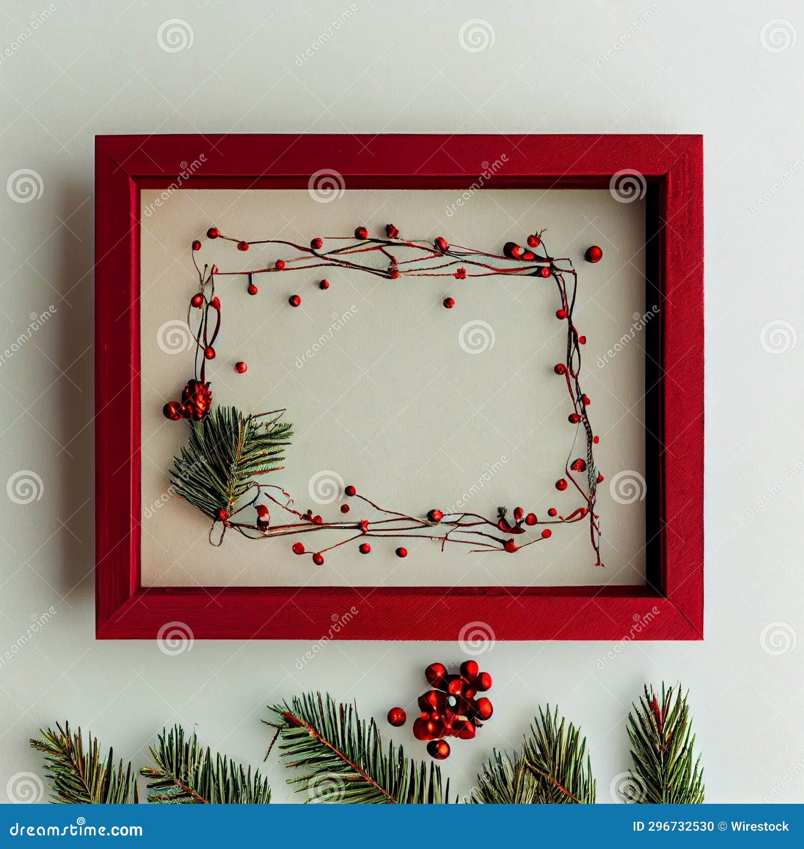 Decorative Christmas Piece of Leaf Springs with Berries in a Red Frame
