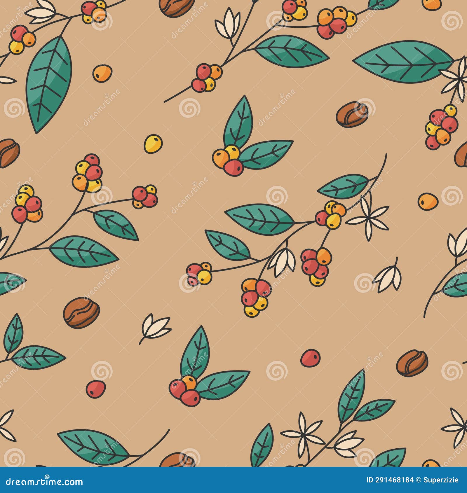 Coffee Berry and Branch Seamless Pattern Stock Illustration Illustration of arabica, khaki