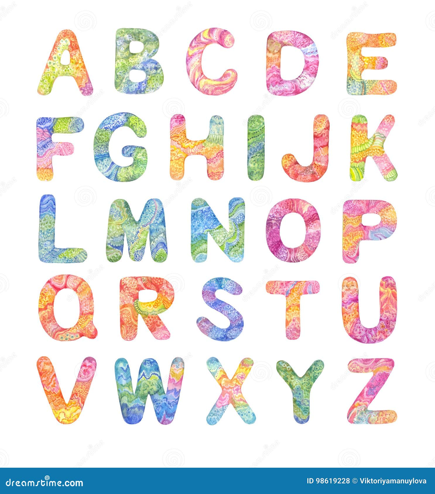 Decorative Color Alphabet, Hand-painted by Watercolor. Round Stock ...