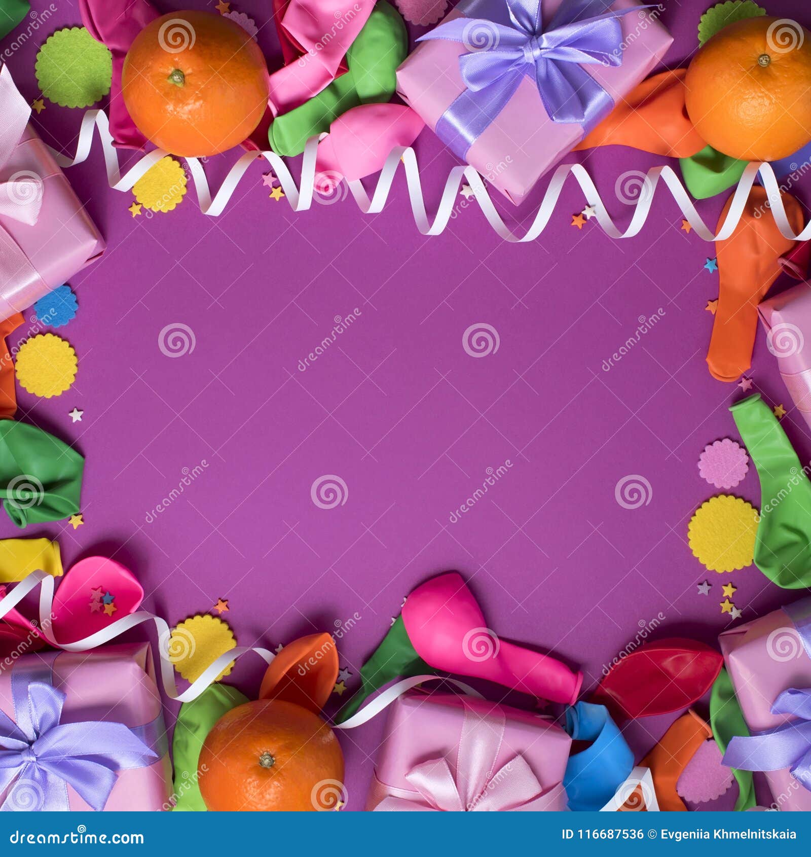 decorative composition four boxes with gifts satin ribbon bow oranges confetti serpentine birthday party.