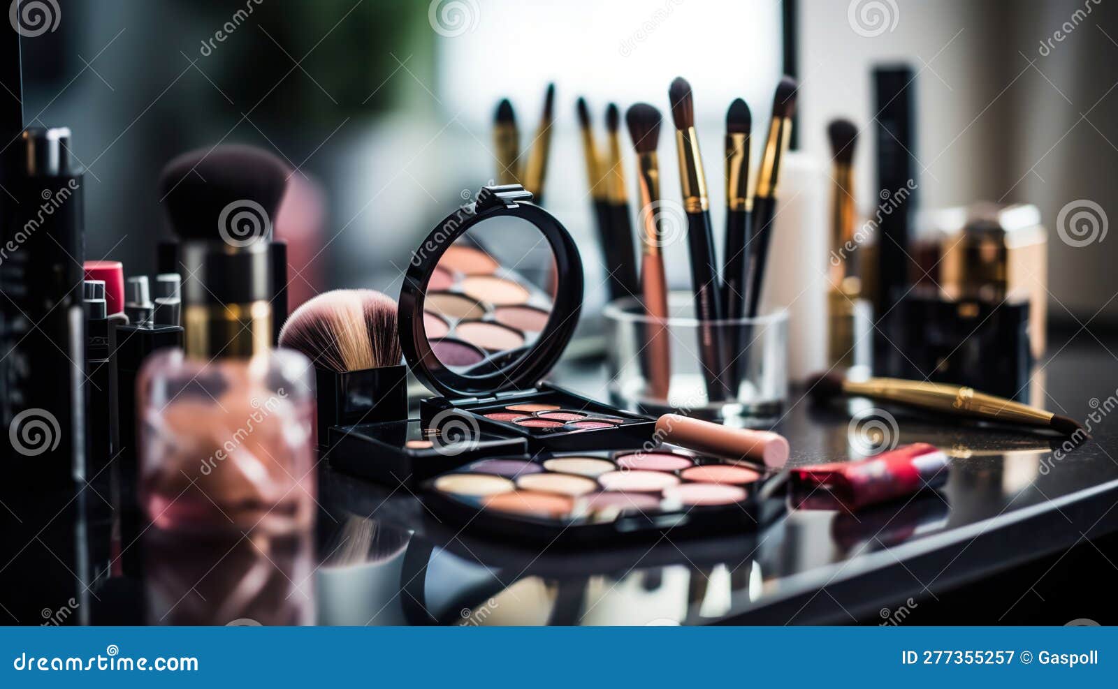 Decorative Cosmetics and Tools on Dressing Table in Makeup Room. AI