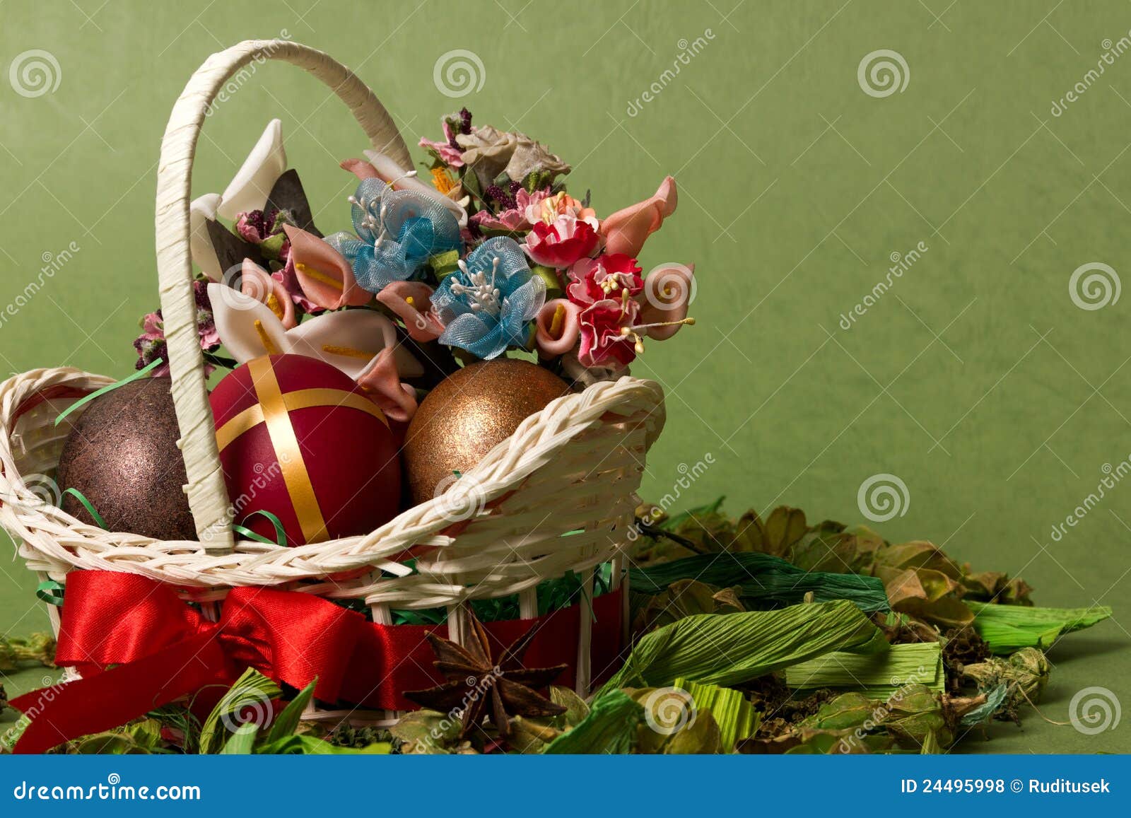 Decorative Easter Basket with Bow and Eggs Stock Photo Image of happy