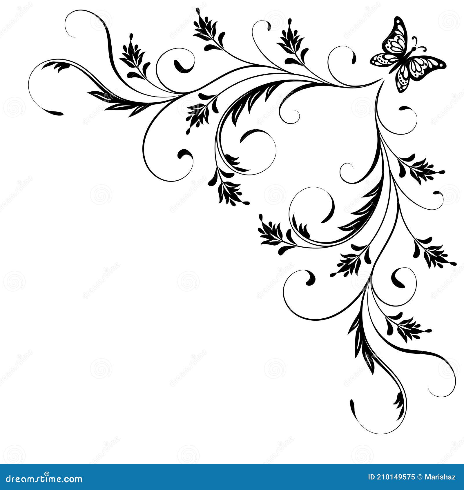 Decorative Floral Corner Ornament with Butterfly Stock Vector